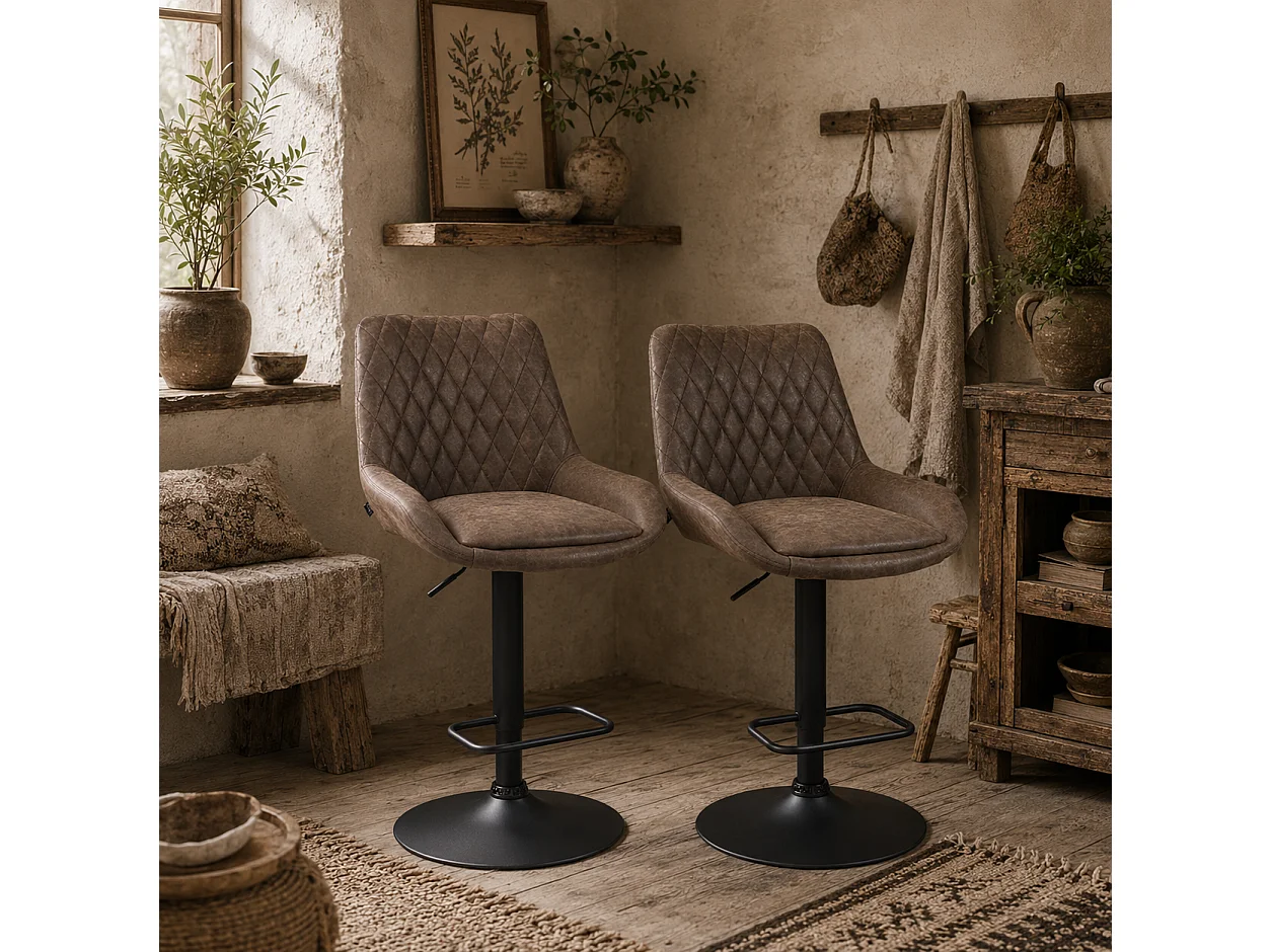 Lenozzo Faux Leather Brown Set of 2 Retro Bar Stools with Padded Seats