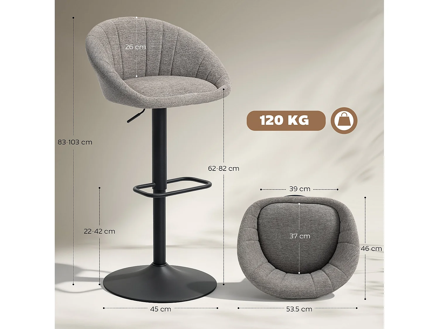 Relodi Lifa Set of 2 Grey Upholstered Relaxed Tub Bar Stools