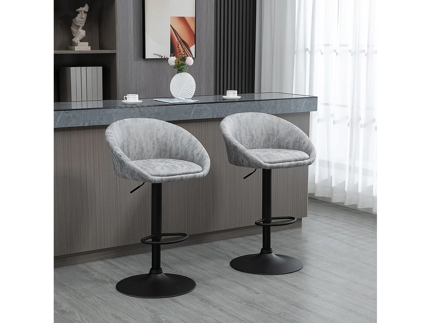 Rezito Set of 2 Light Grey Adjustable Faux Leather Bar Stools with Armrests and Footrests