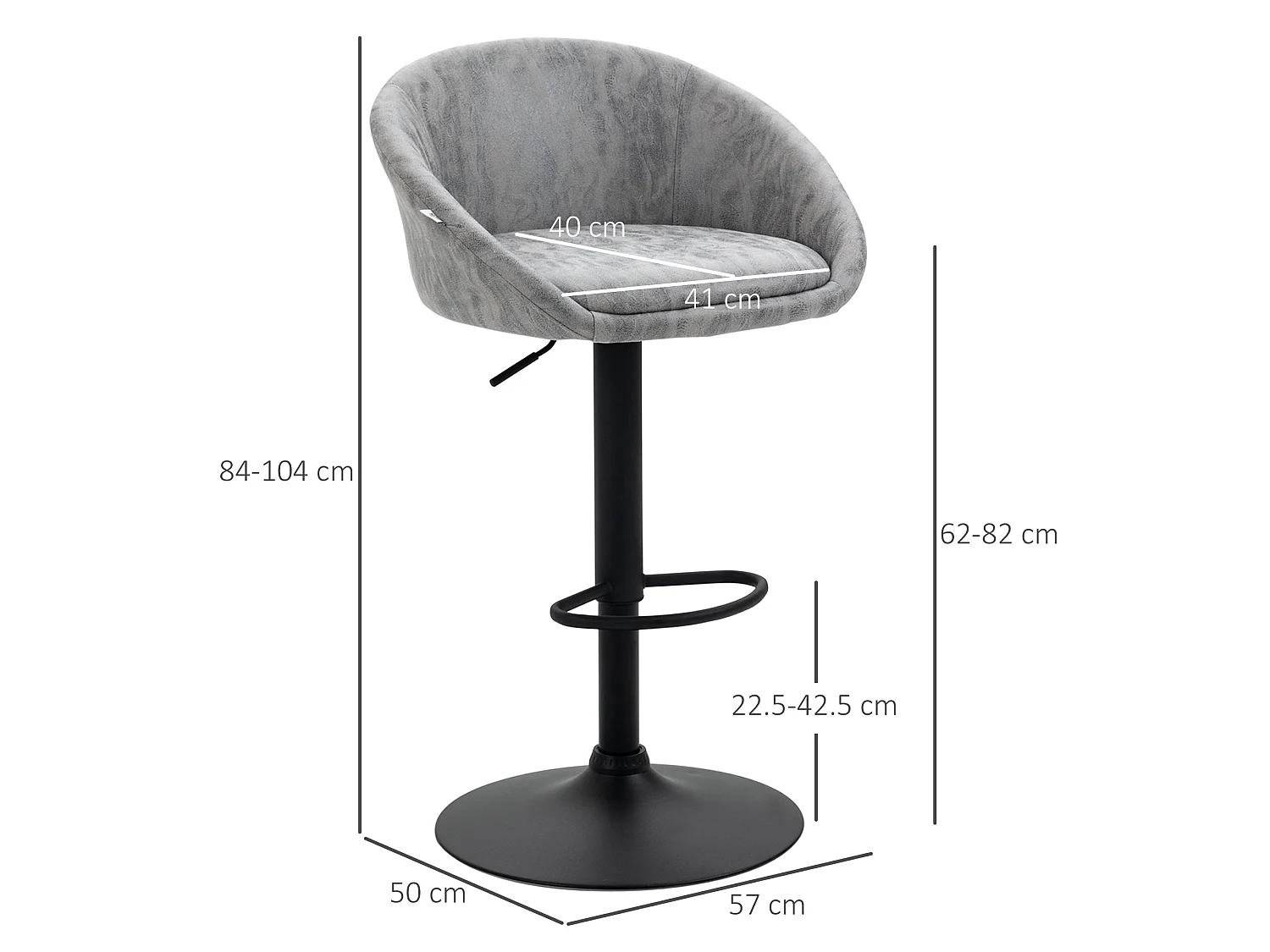 Rezito Set of 2 Light Grey Adjustable Faux Leather Bar Stools with Armrests and Footrests