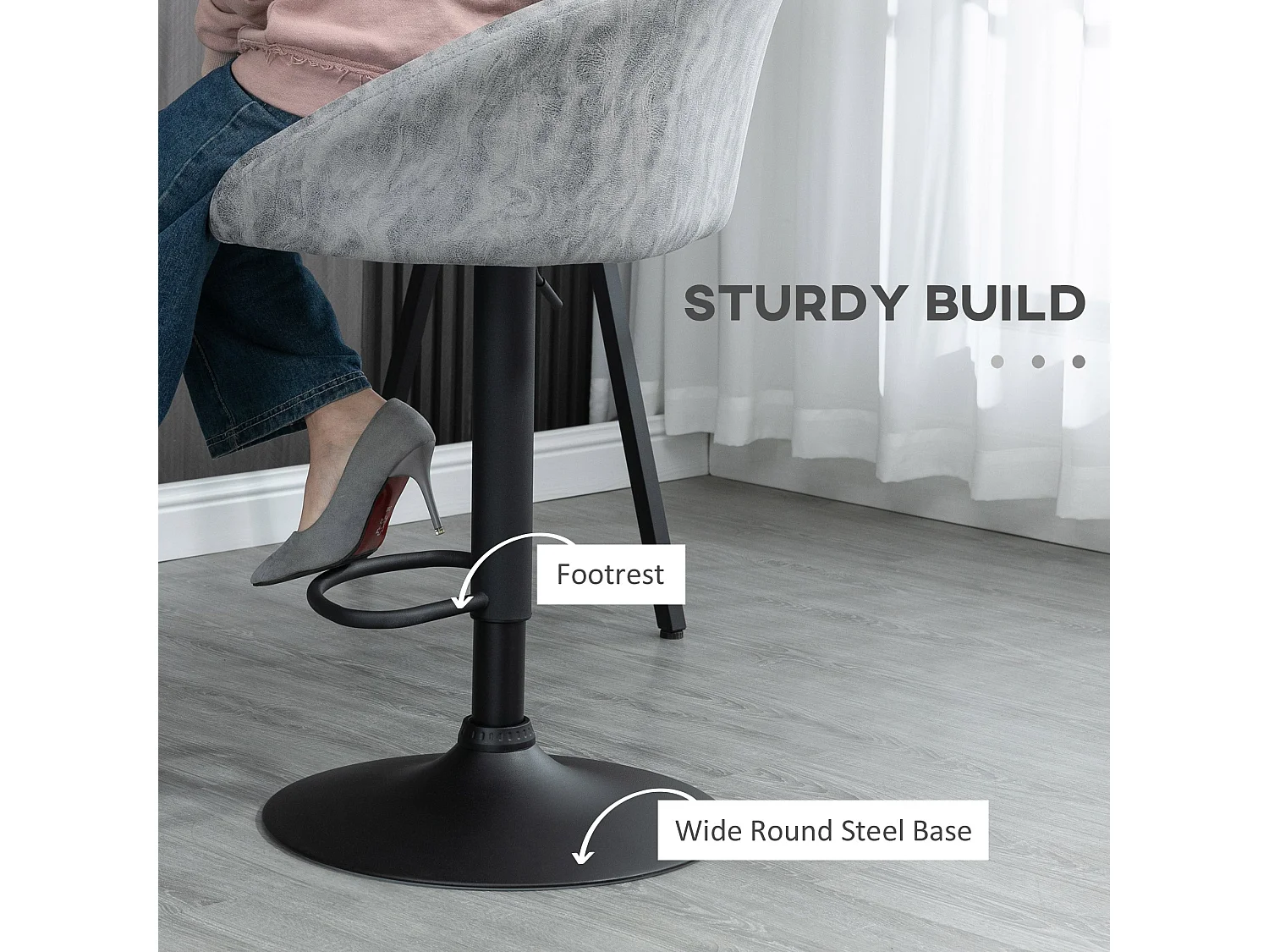 Rezito Set of 2 Light Grey Adjustable Faux Leather Bar Stools with Armrests and Footrests