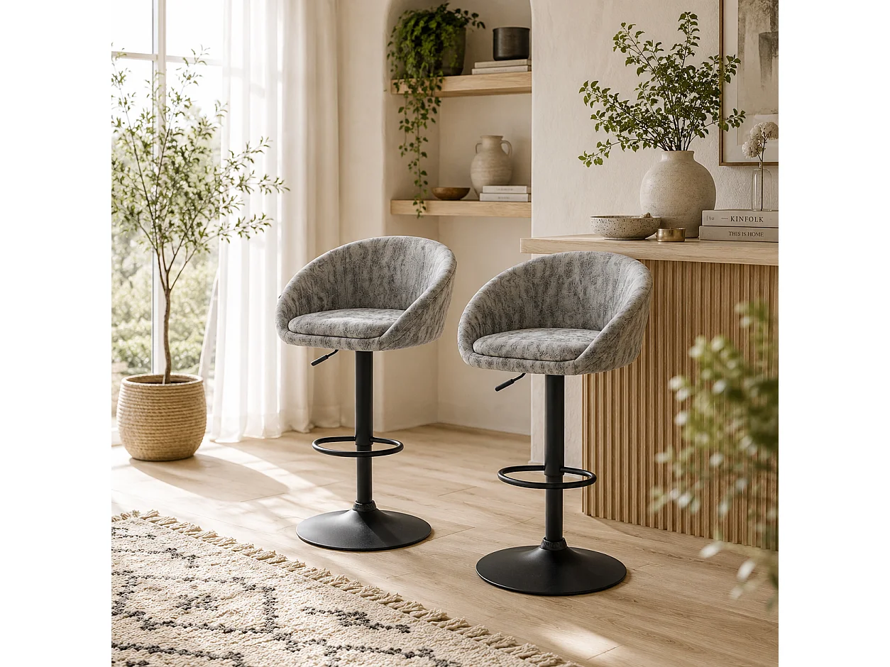 Rezito Set of 2 Light Grey Adjustable Faux Leather Bar Stools with Armrests and Footrests