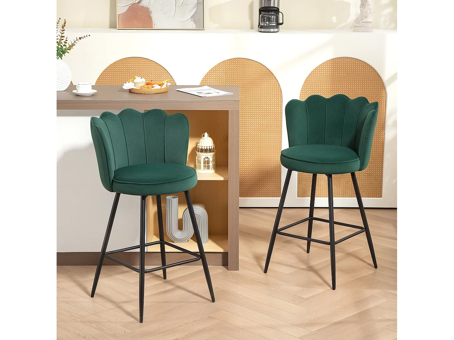 Ralu Velvet Dark Green Lotus Bar Stools Set of 2 with Sculpted Seats