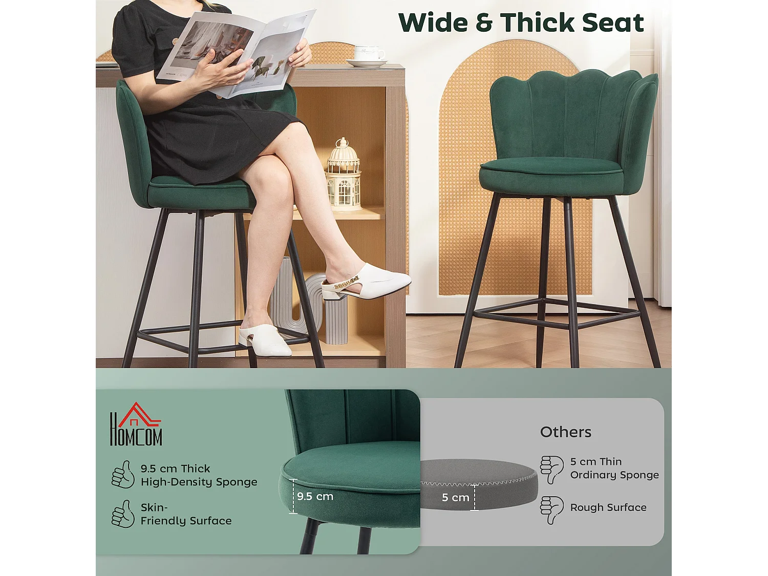 Ralu Velvet Dark Green Lotus Bar Stools Set of 2 with Sculpted Seats