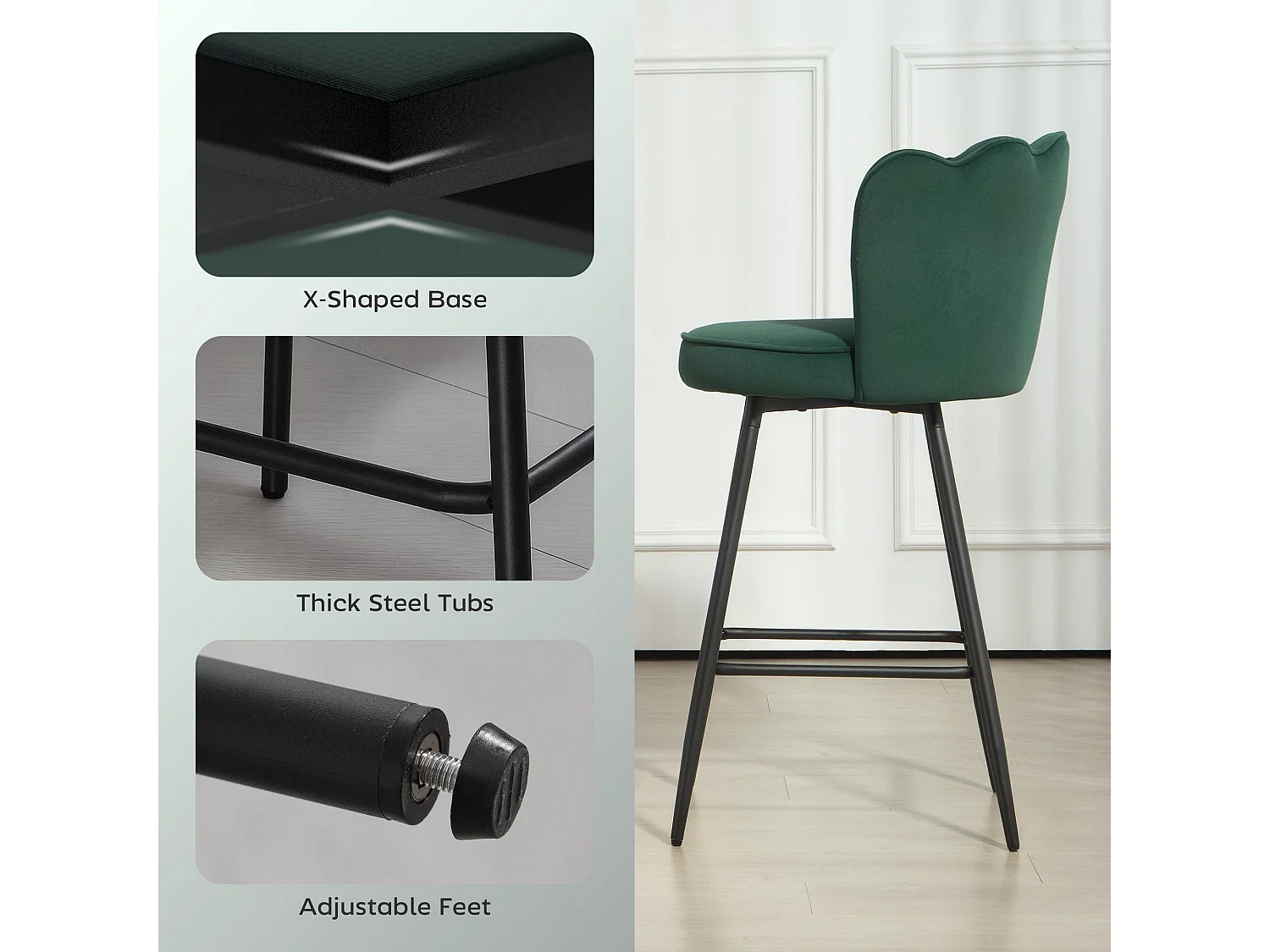 Ralu Velvet Dark Green Lotus Bar Stools Set of 2 with Sculpted Seats