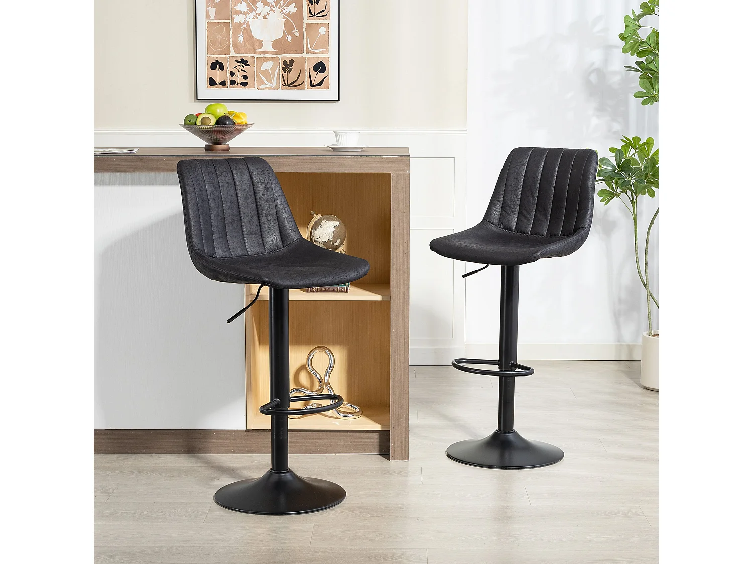 Nalo Set of 2 Black Leathaire Tub Style Upholstered Bar Stools