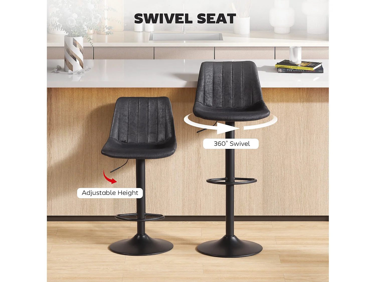 Nalo Set of 2 Black Leathaire Tub Style Upholstered Bar Stools