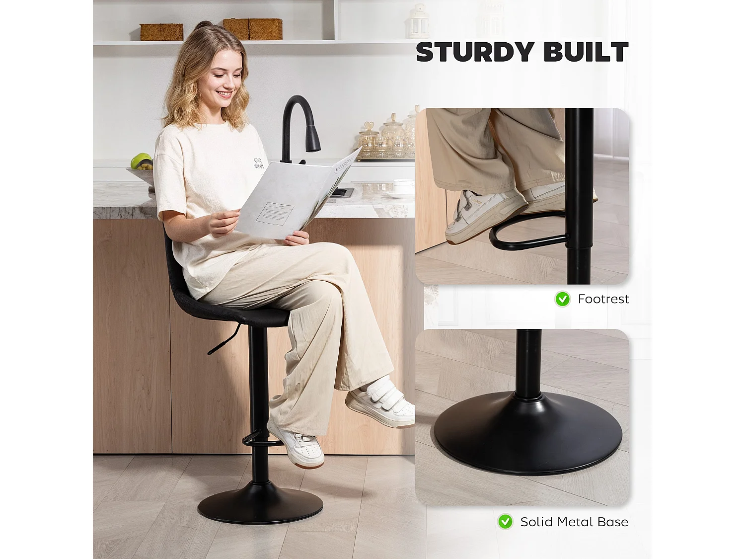Nalo Set of 2 Black Leathaire Tub Style Upholstered Bar Stools
