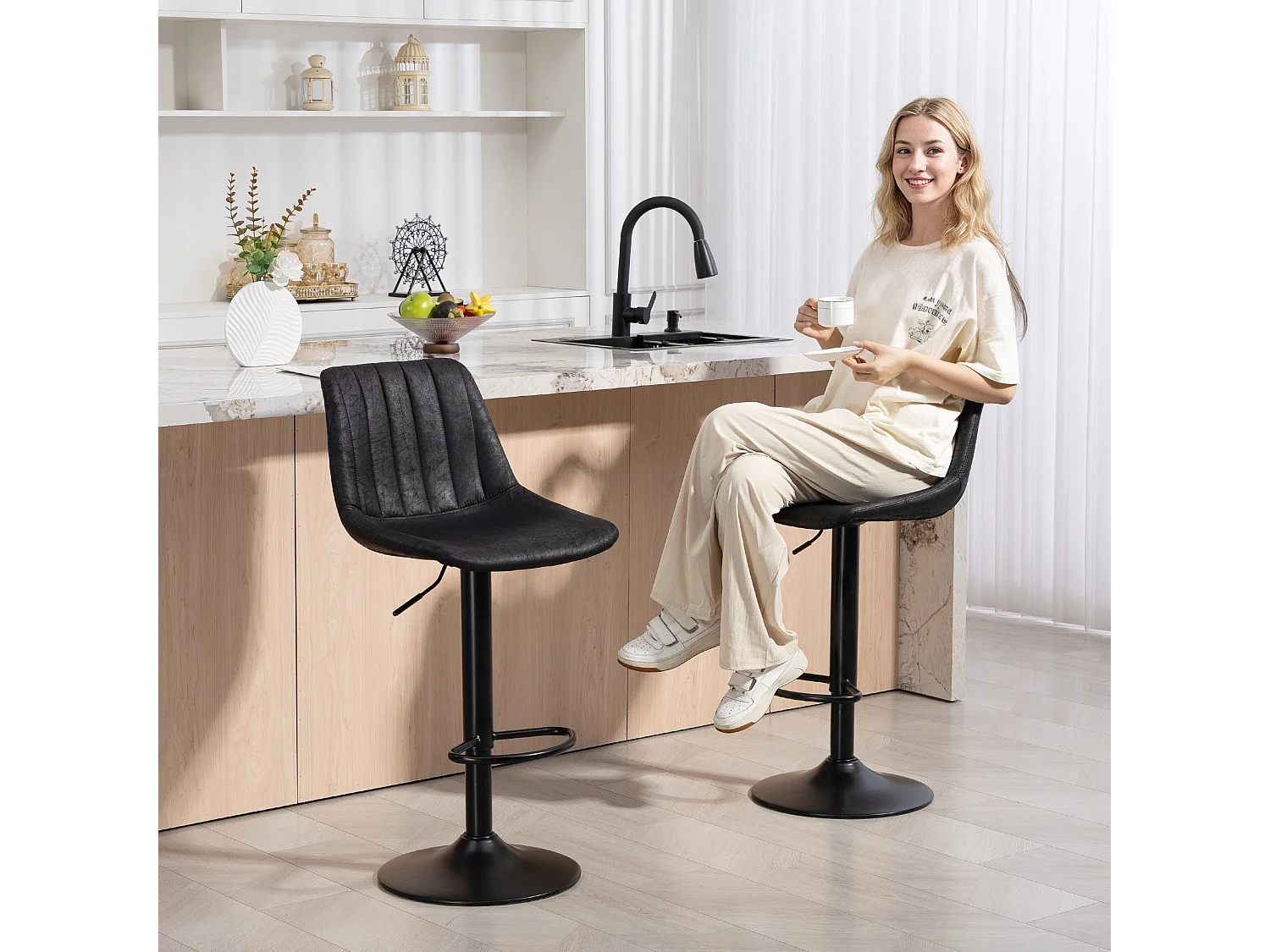 Nalo Set of 2 Black Leathaire Tub Style Upholstered Bar Stools