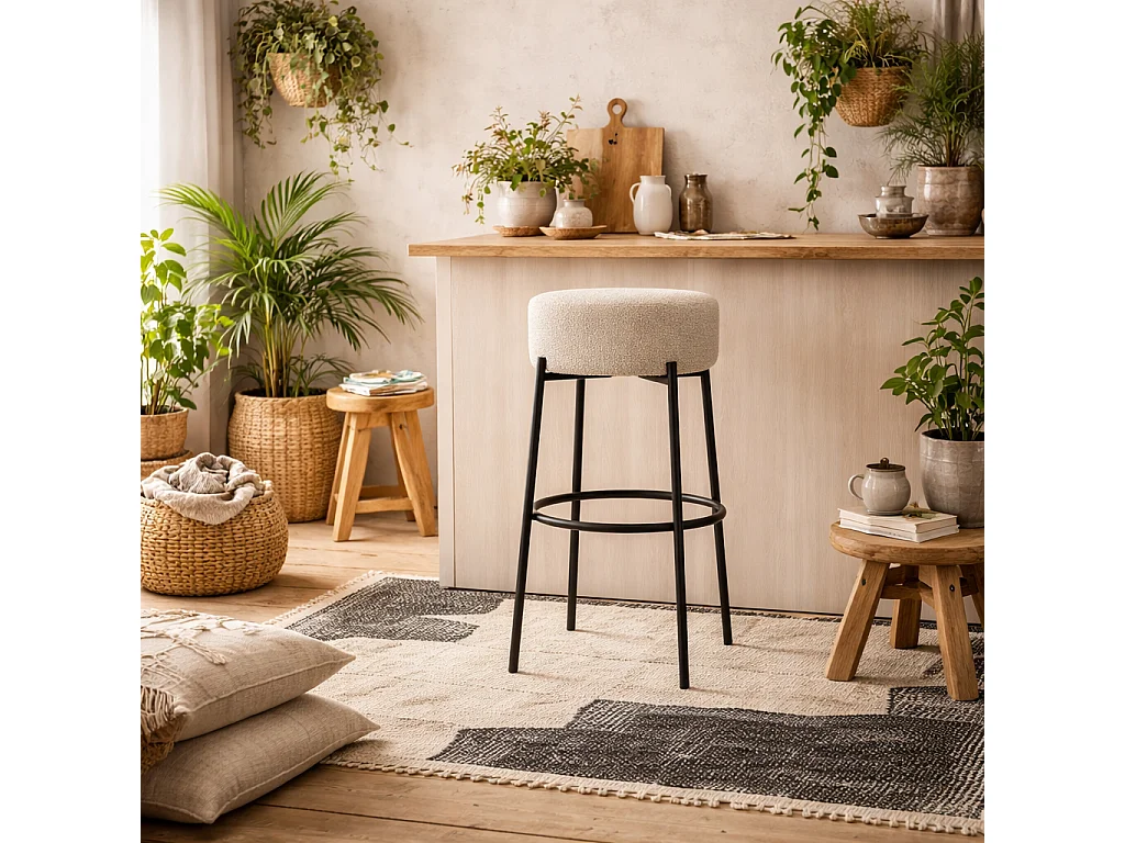 Tanji Cream Boucle Counter Stool Round Seat Matt Black Metal Legs