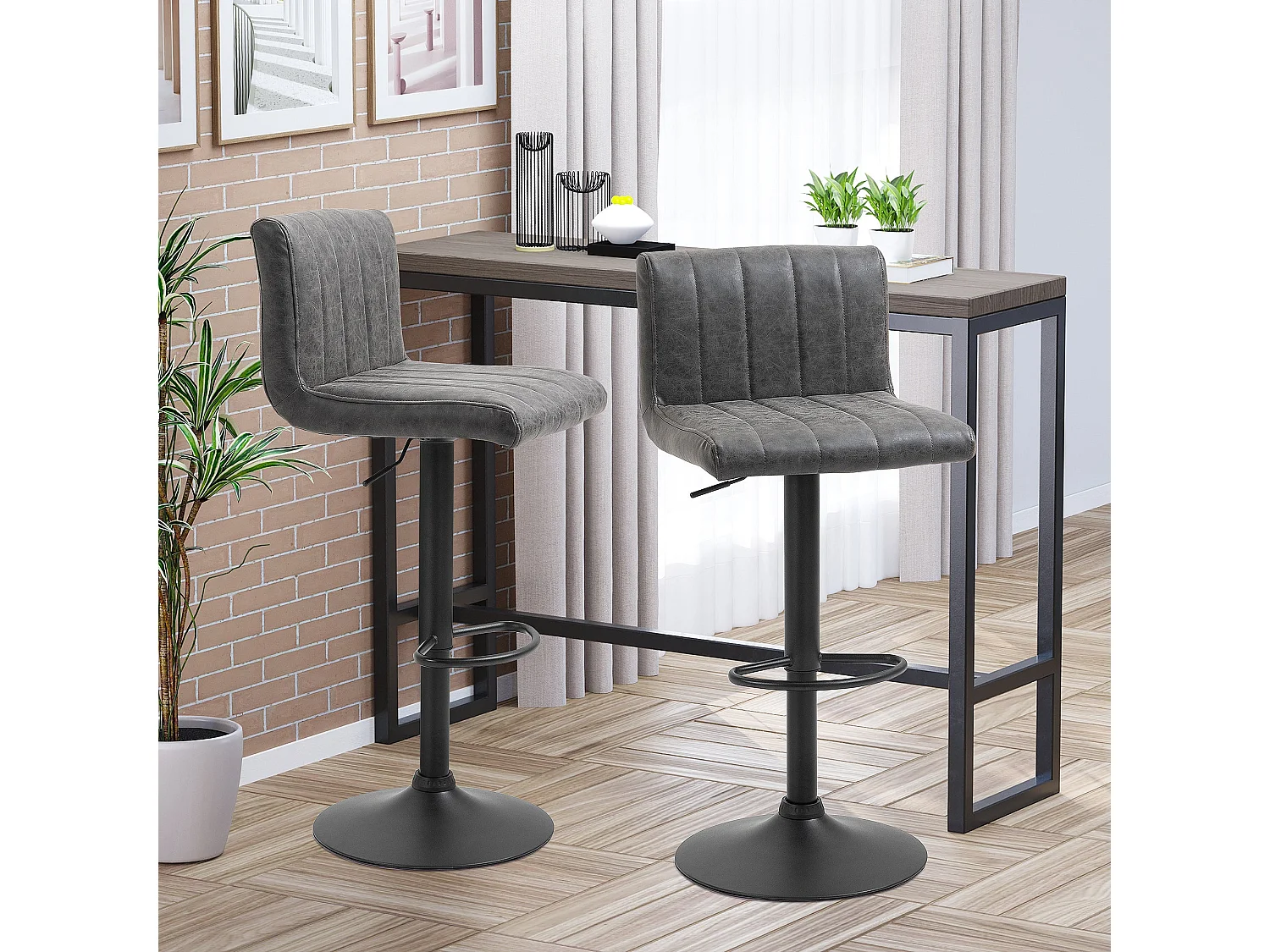Ralava Set of 2 Grey Faux Leather Adjustable Swivel Bar Stools with Footrests