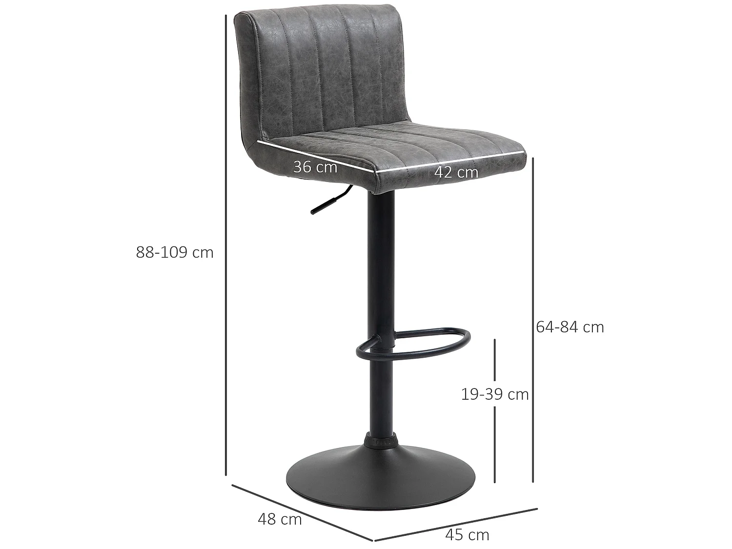 Ralava Set of 2 Grey Faux Leather Adjustable Swivel Bar Stools with Footrests