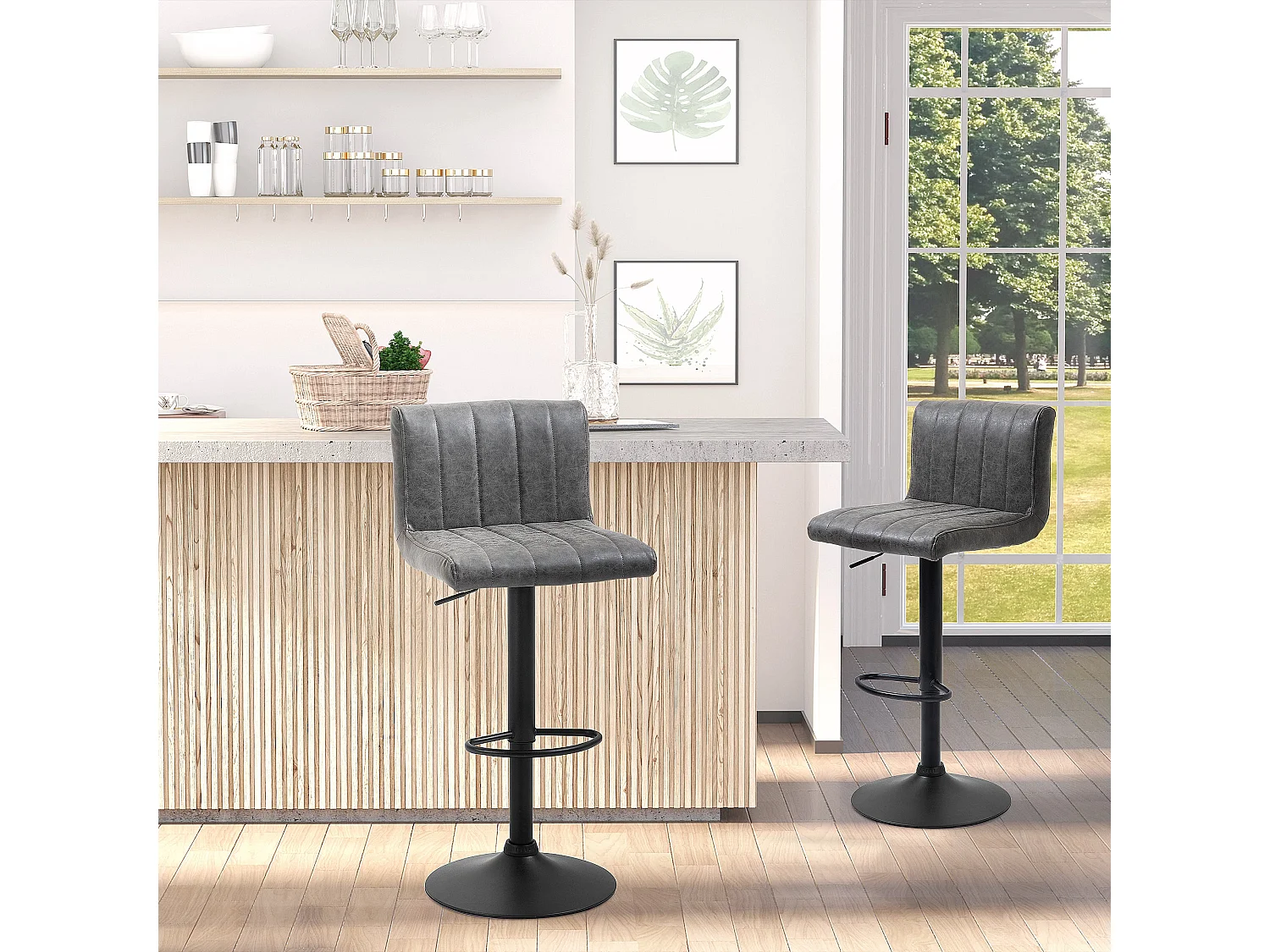 Ralava Set of 2 Grey Faux Leather Adjustable Swivel Bar Stools with Footrests