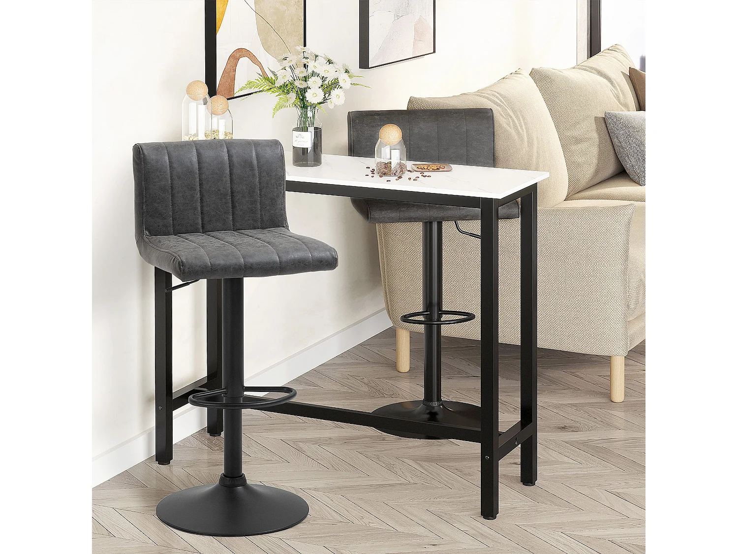 Ralava Set of 2 Grey Faux Leather Adjustable Swivel Bar Stools with Footrests