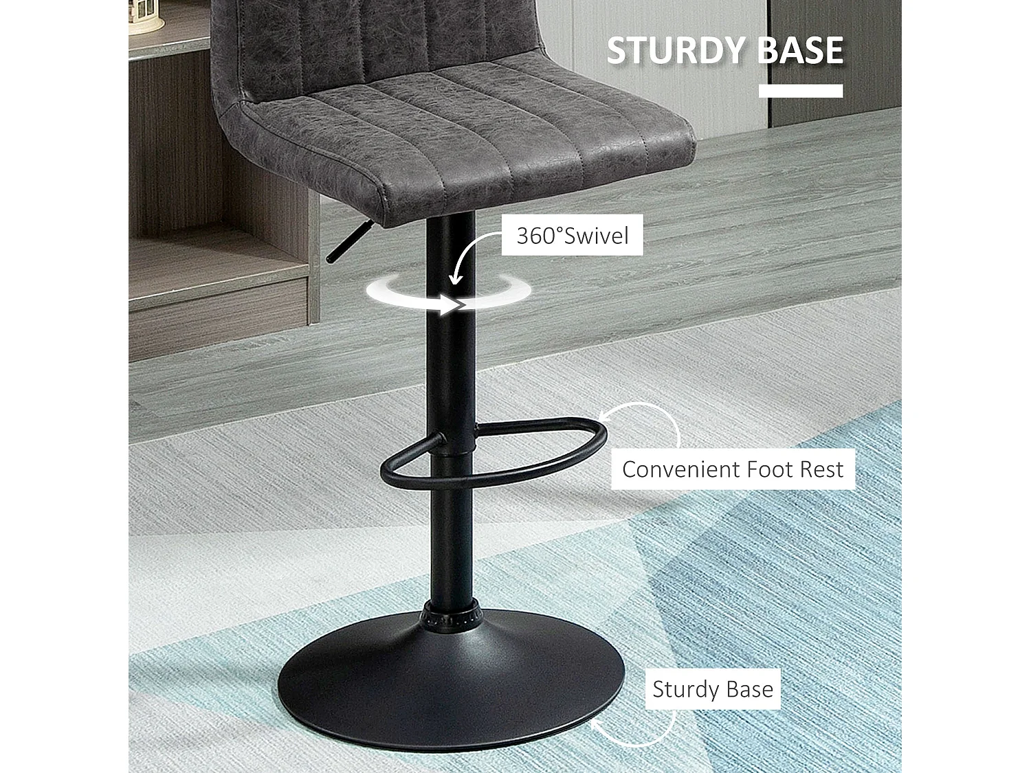 Ralava Set of 2 Grey Faux Leather Adjustable Swivel Bar Stools with Footrests
