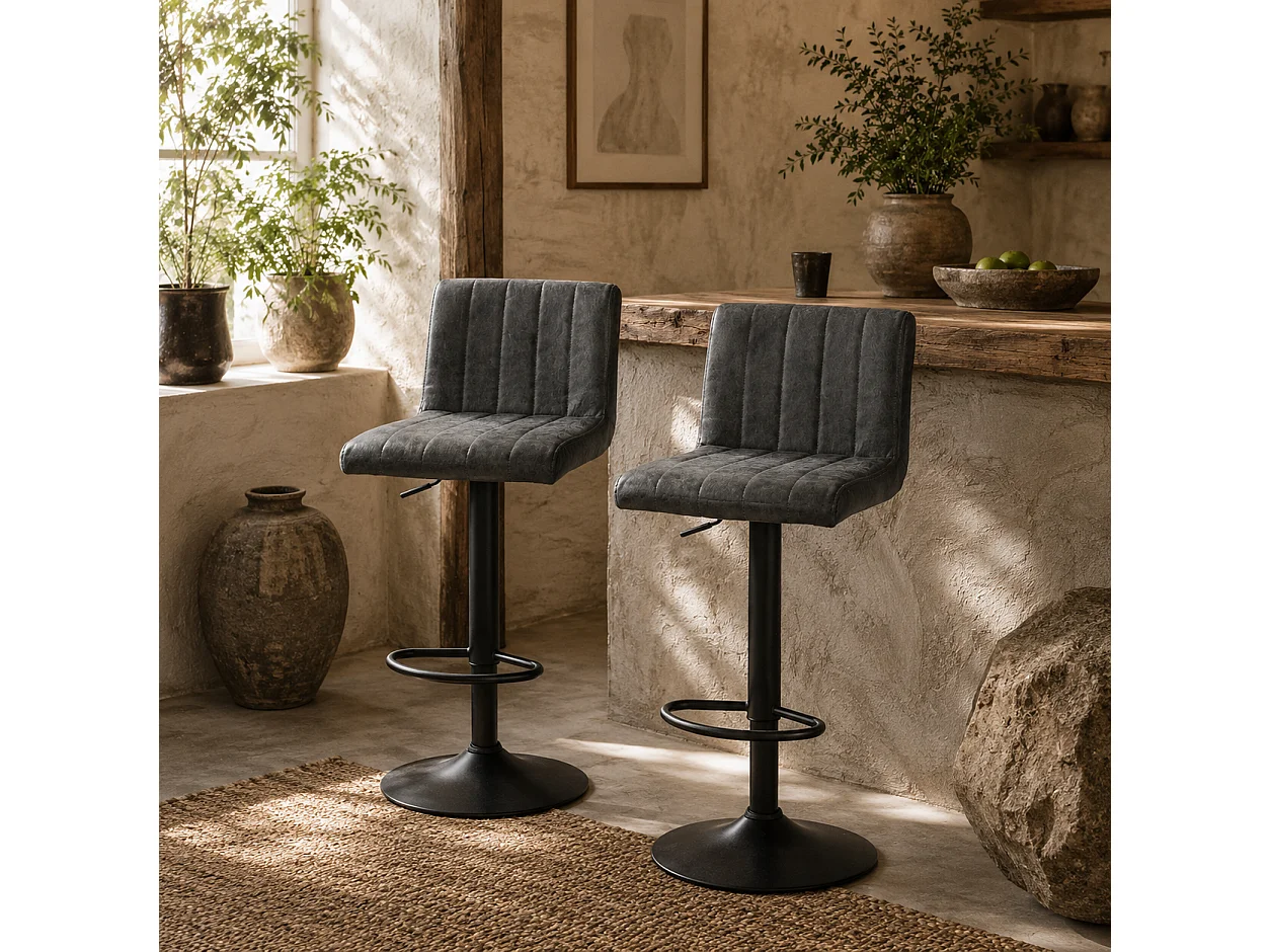Ralava Set of 2 Grey Faux Leather Adjustable Swivel Bar Stools with Footrests