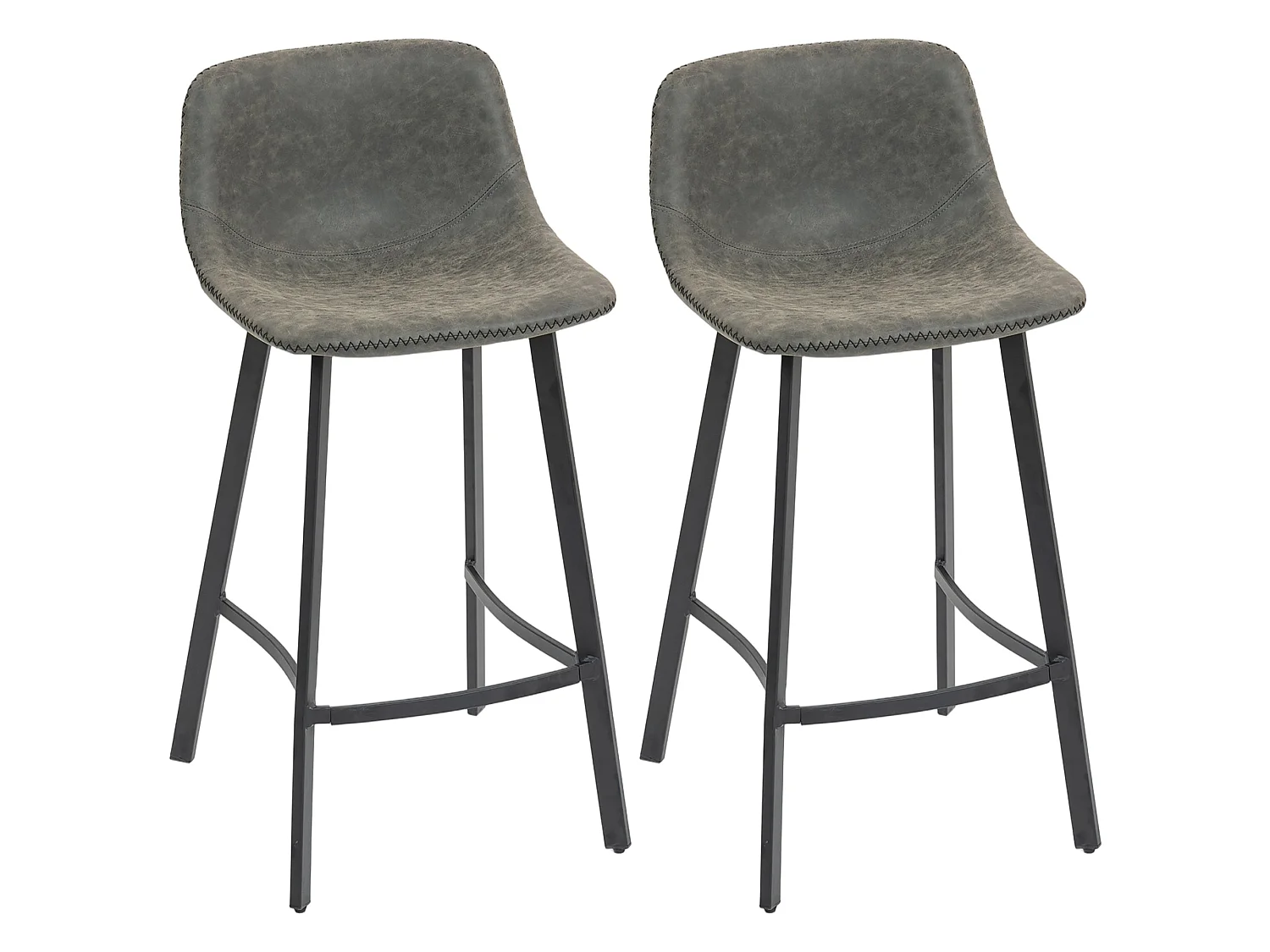 Nora Set of 2 Grey Faux Leather Bar Stools with Backrest and Footrest