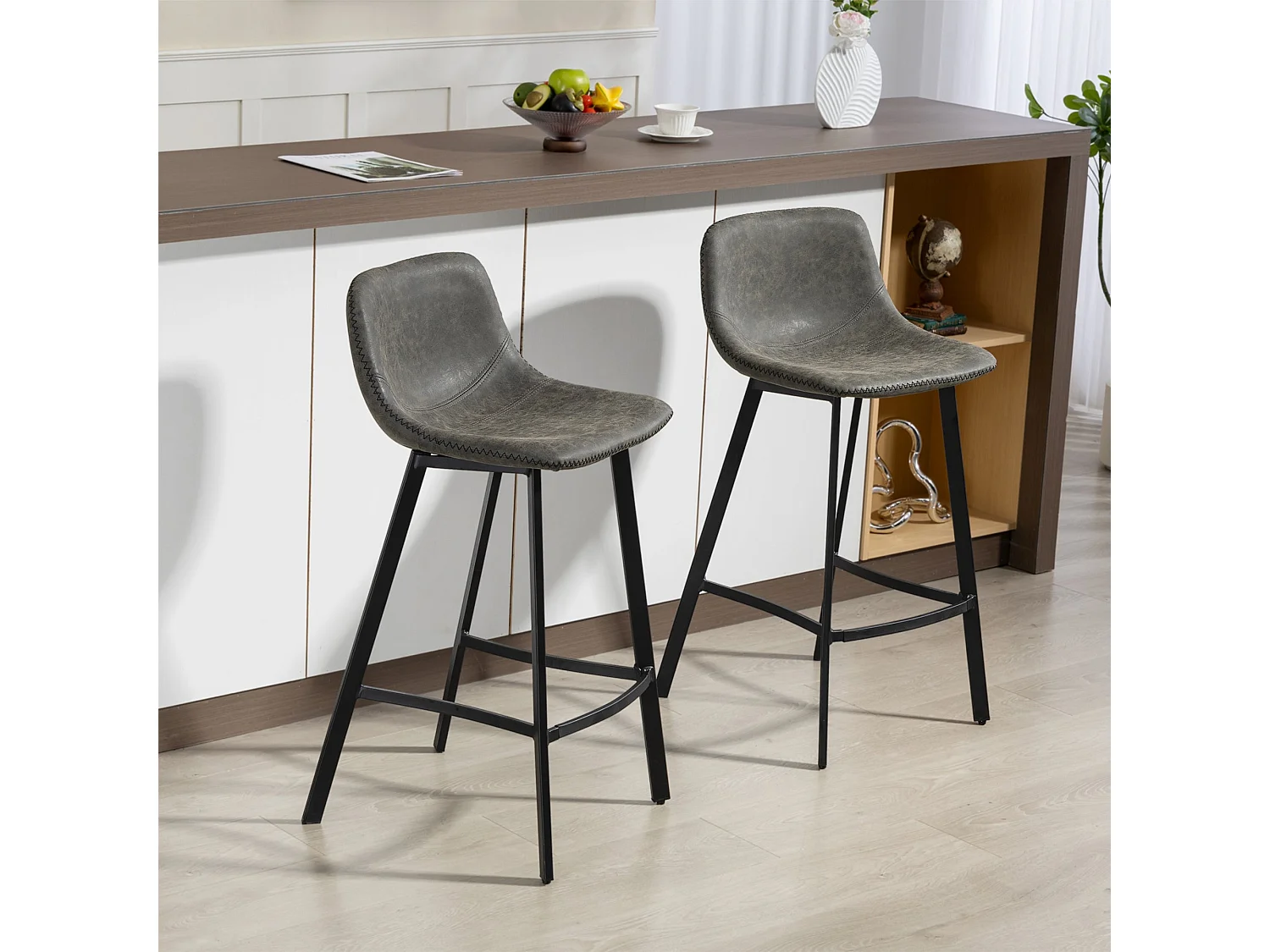 Nora Set of 2 Grey Faux Leather Bar Stools with Backrest and Footrest