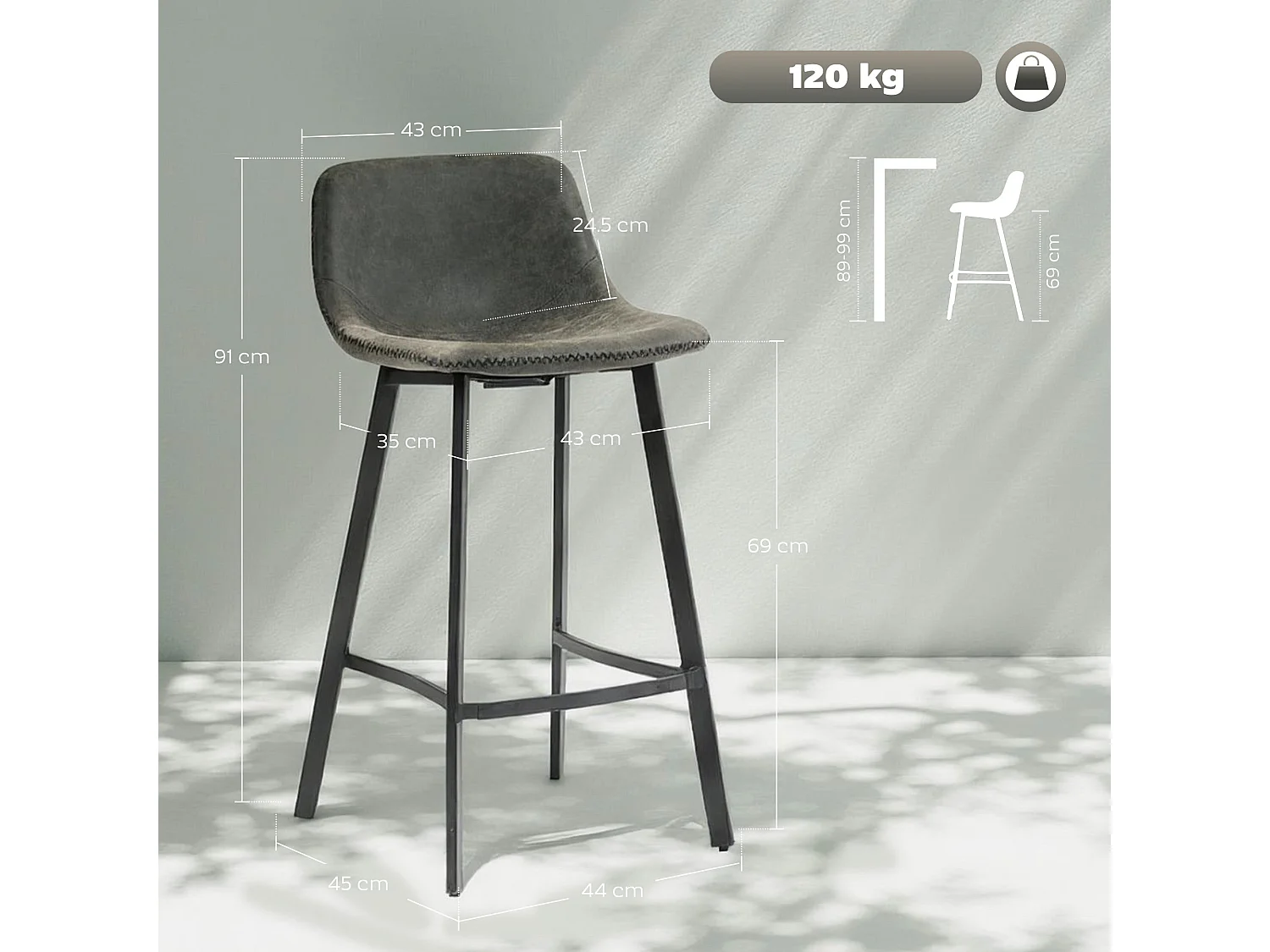Nora Set of 2 Grey Faux Leather Bar Stools with Backrest and Footrest