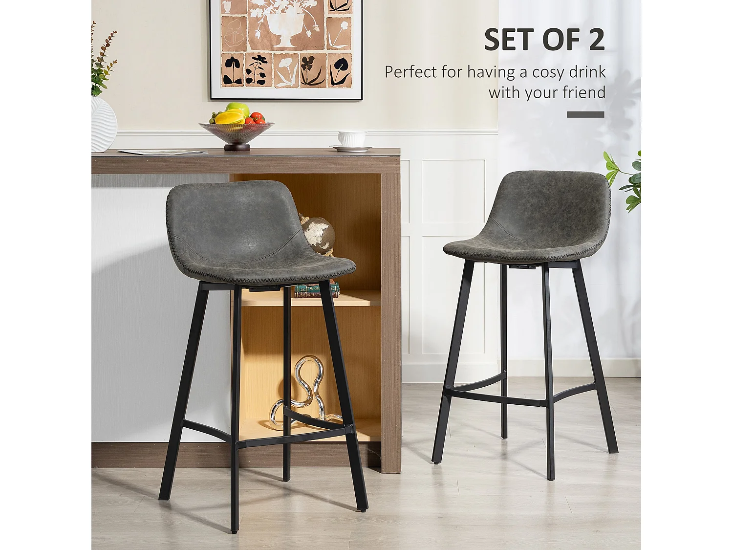 Nora Set of 2 Grey Faux Leather Bar Stools with Backrest and Footrest