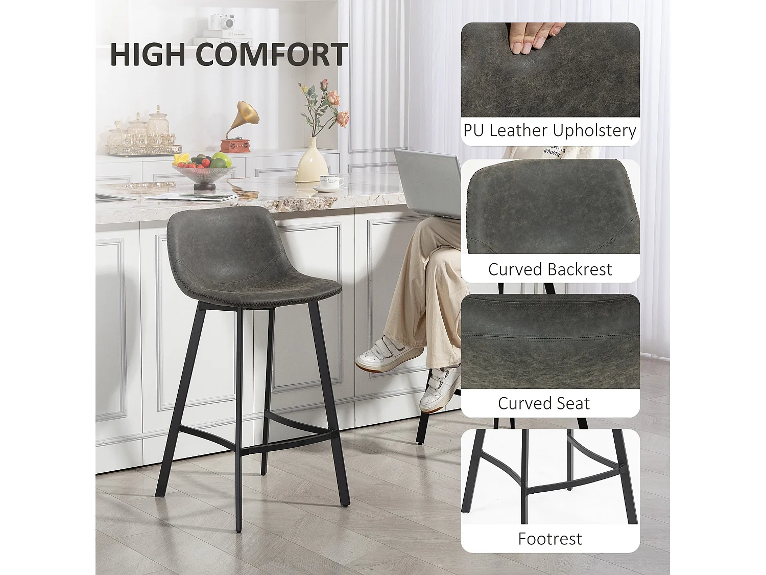 Nora Set of 2 Grey Faux Leather Bar Stools with Backrest and Footrest