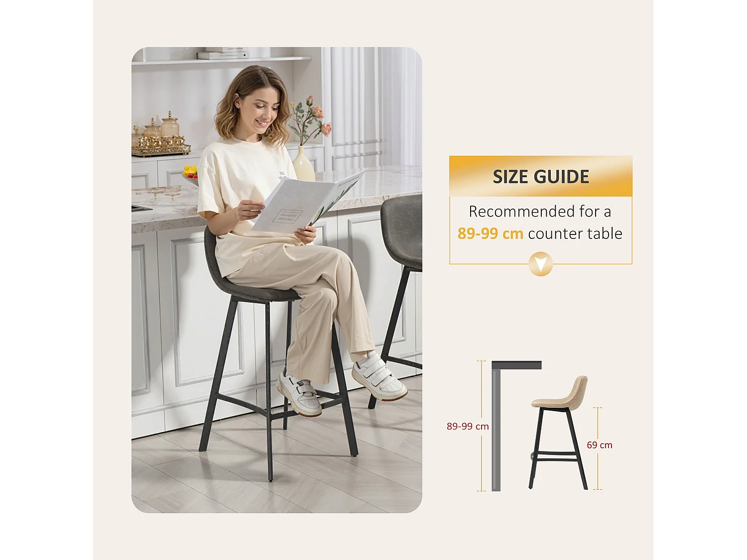 Nora Set of 2 Grey Faux Leather Bar Stools with Backrest and Footrest