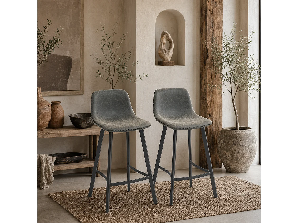 Nora Set of 2 Grey Faux Leather Bar Stools with Backrest and Footrest