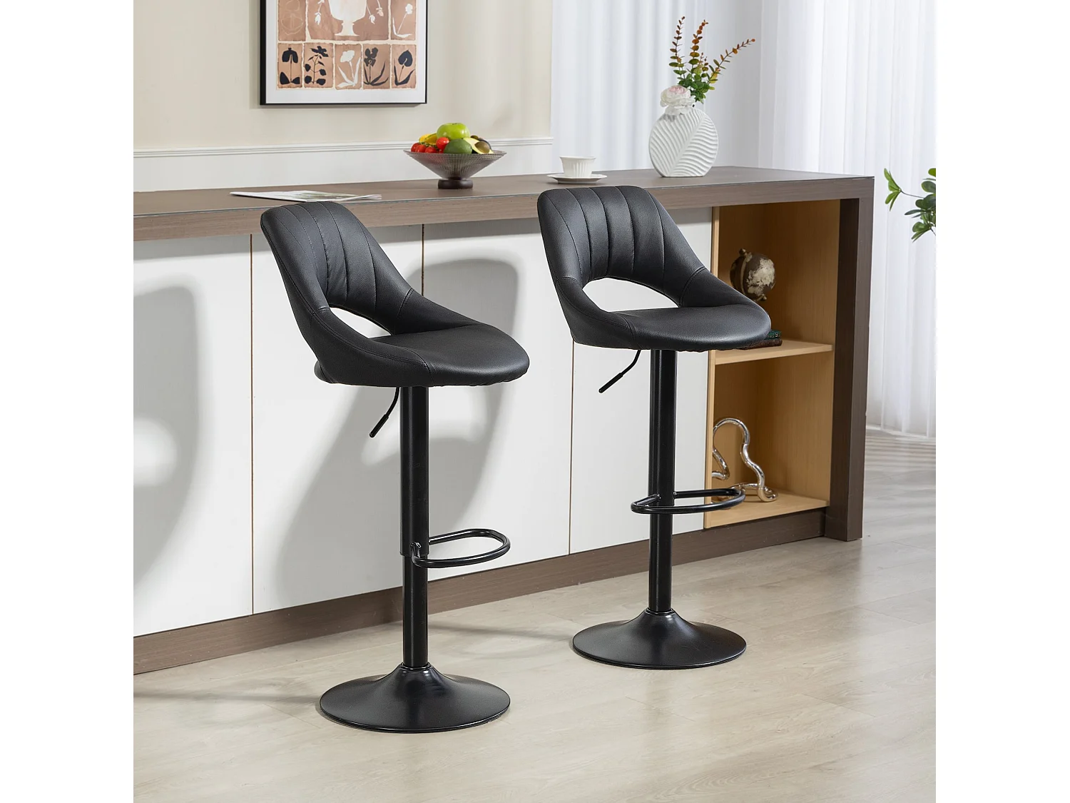 Nadi Set of 2 Black Faux Leather Bar Stools with Padded Seats
