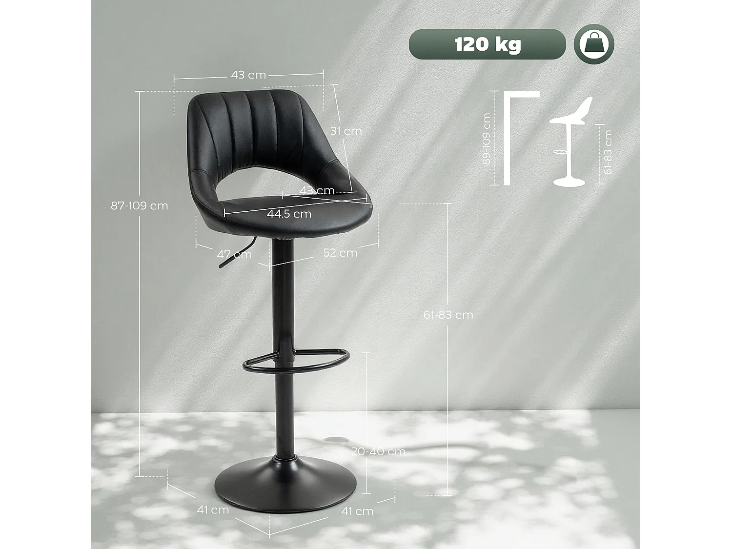 Nadi Set of 2 Black Faux Leather Bar Stools with Padded Seats