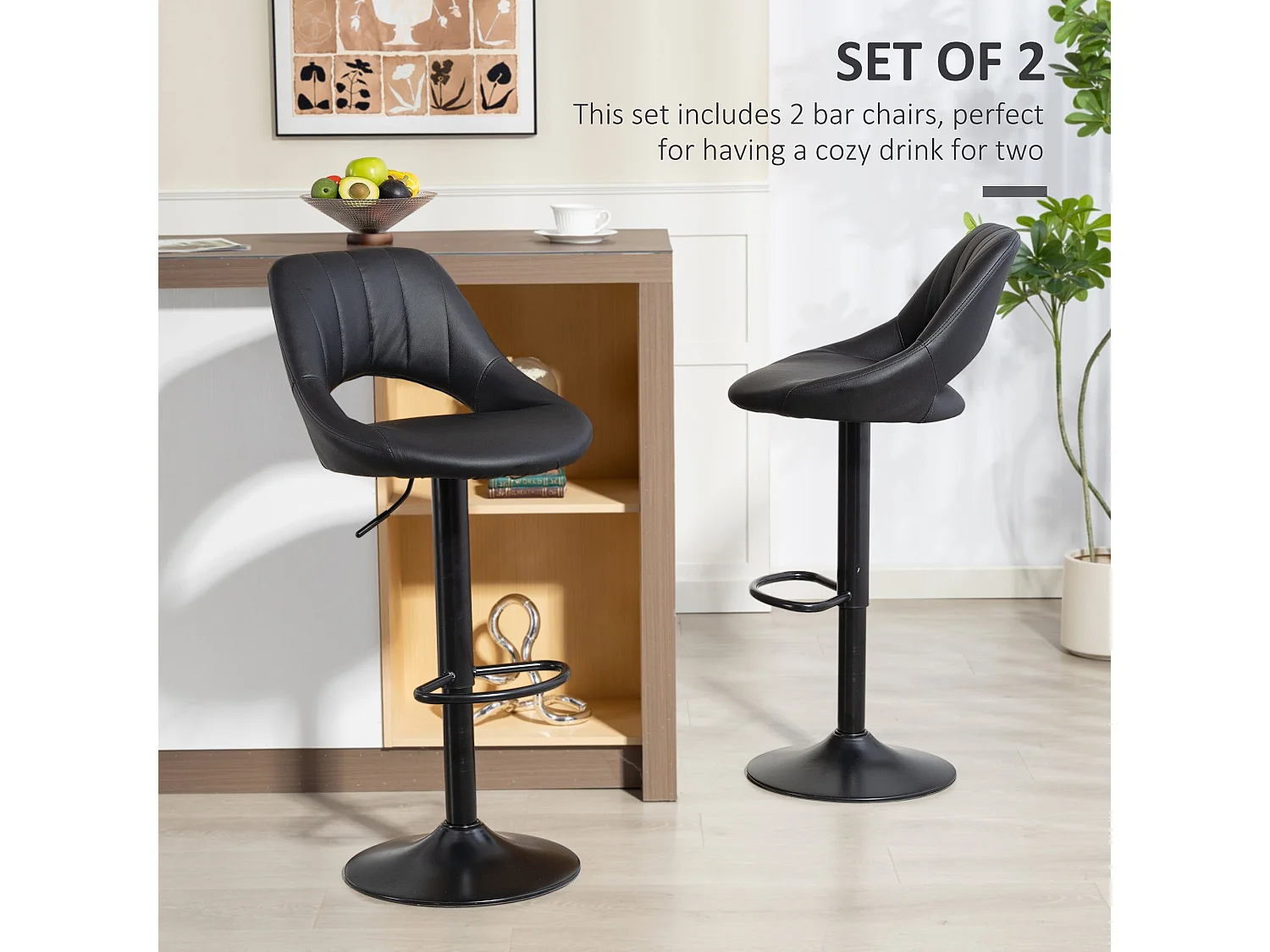 Nadi Set of 2 Black Faux Leather Bar Stools with Padded Seats