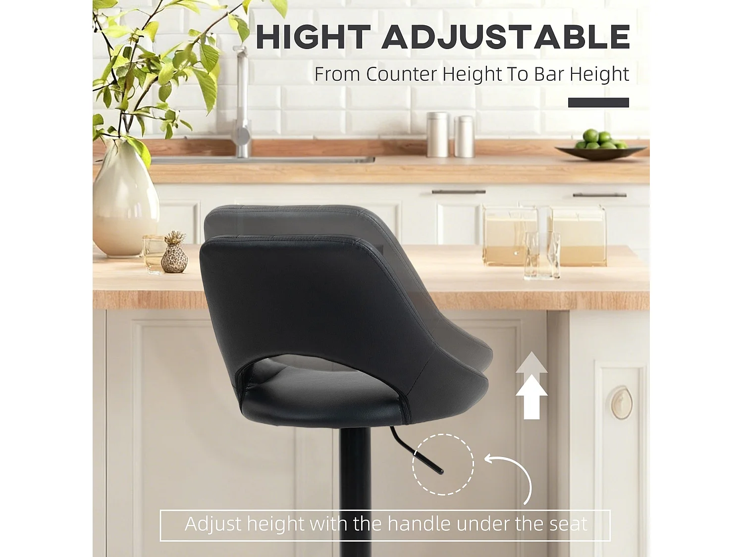 Nadi Set of 2 Black Faux Leather Bar Stools with Padded Seats
