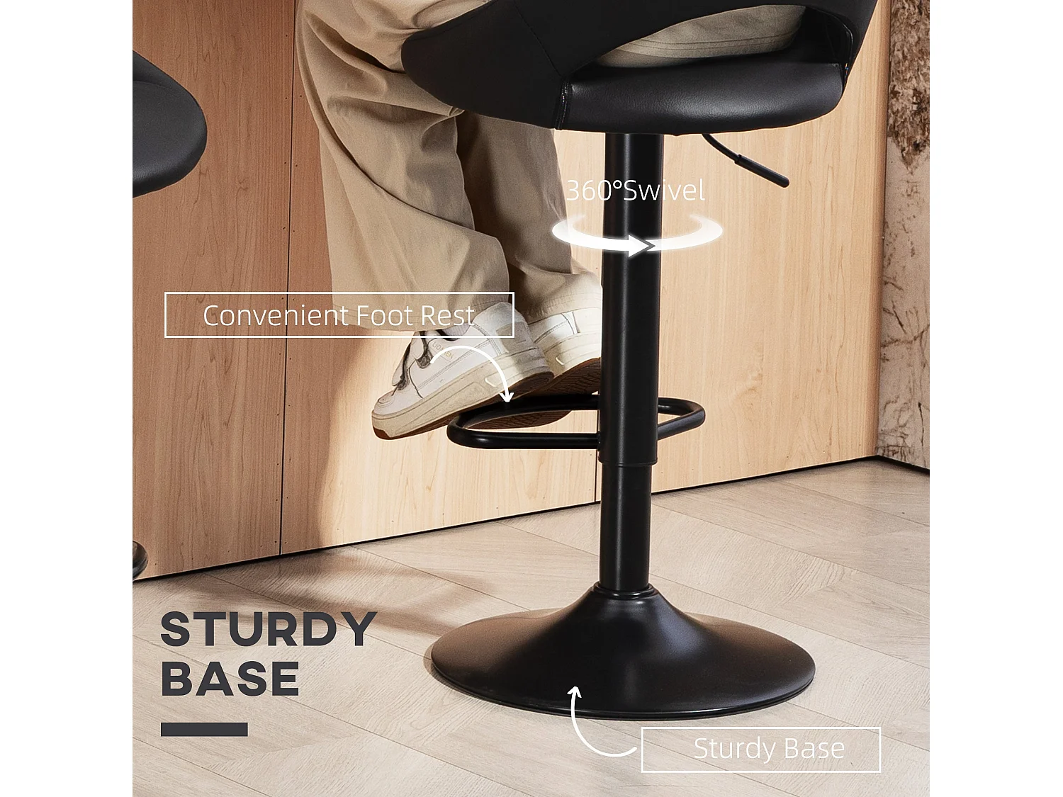 Nadi Set of 2 Black Faux Leather Bar Stools with Padded Seats