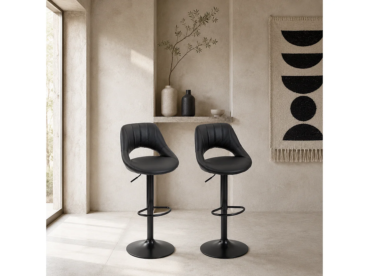 Nadi Set of 2 Black Faux Leather Bar Stools with Padded Seats