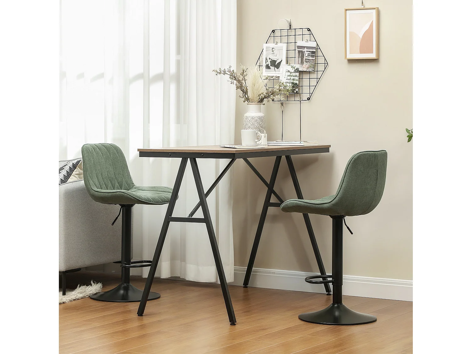 Kali Set of 2 Green Linen Look Adjustable Bar Stools
