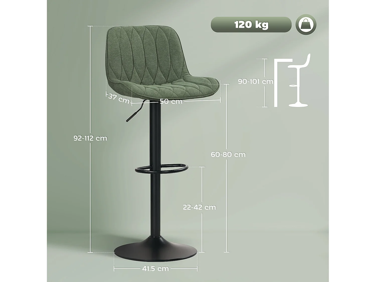 Kali Set of 2 Green Linen Look Adjustable Bar Stools