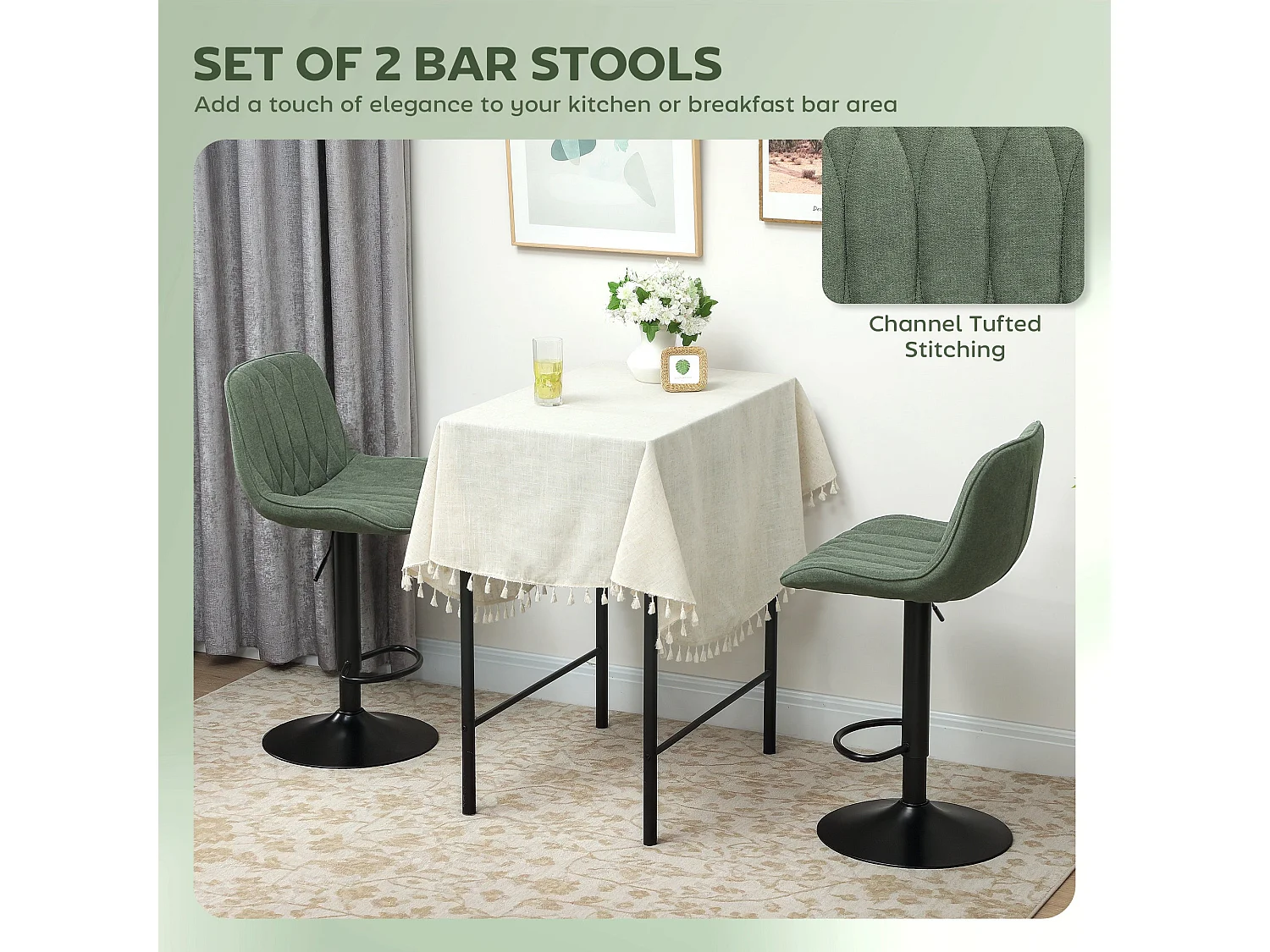 Kali Set of 2 Green Linen Look Adjustable Bar Stools