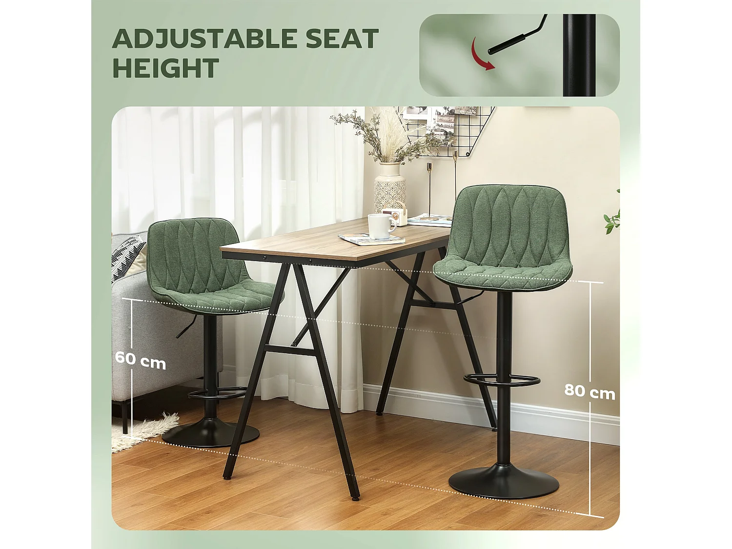 Kali Set of 2 Green Linen Look Adjustable Bar Stools