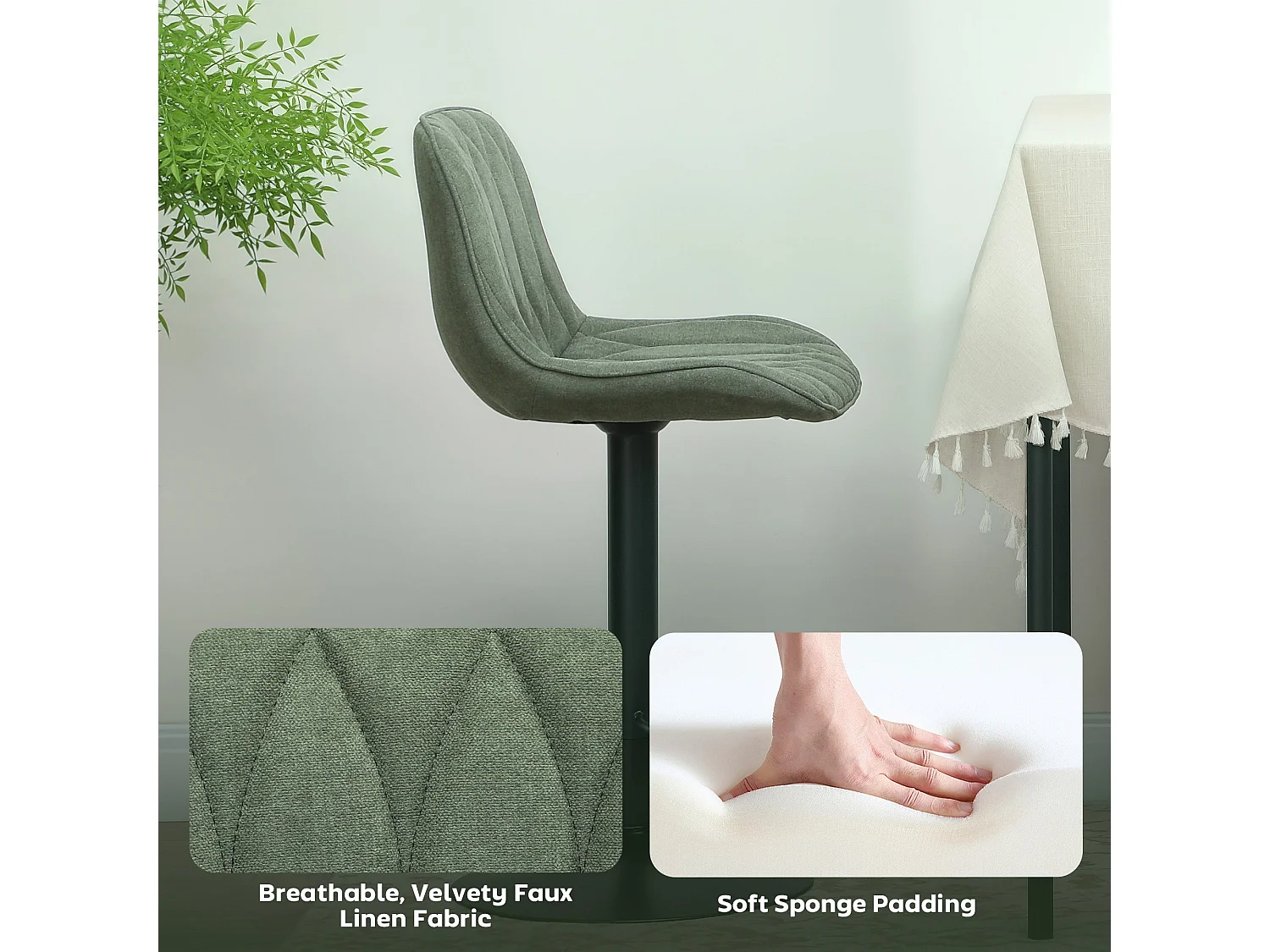 Kali Set of 2 Green Linen Look Adjustable Bar Stools