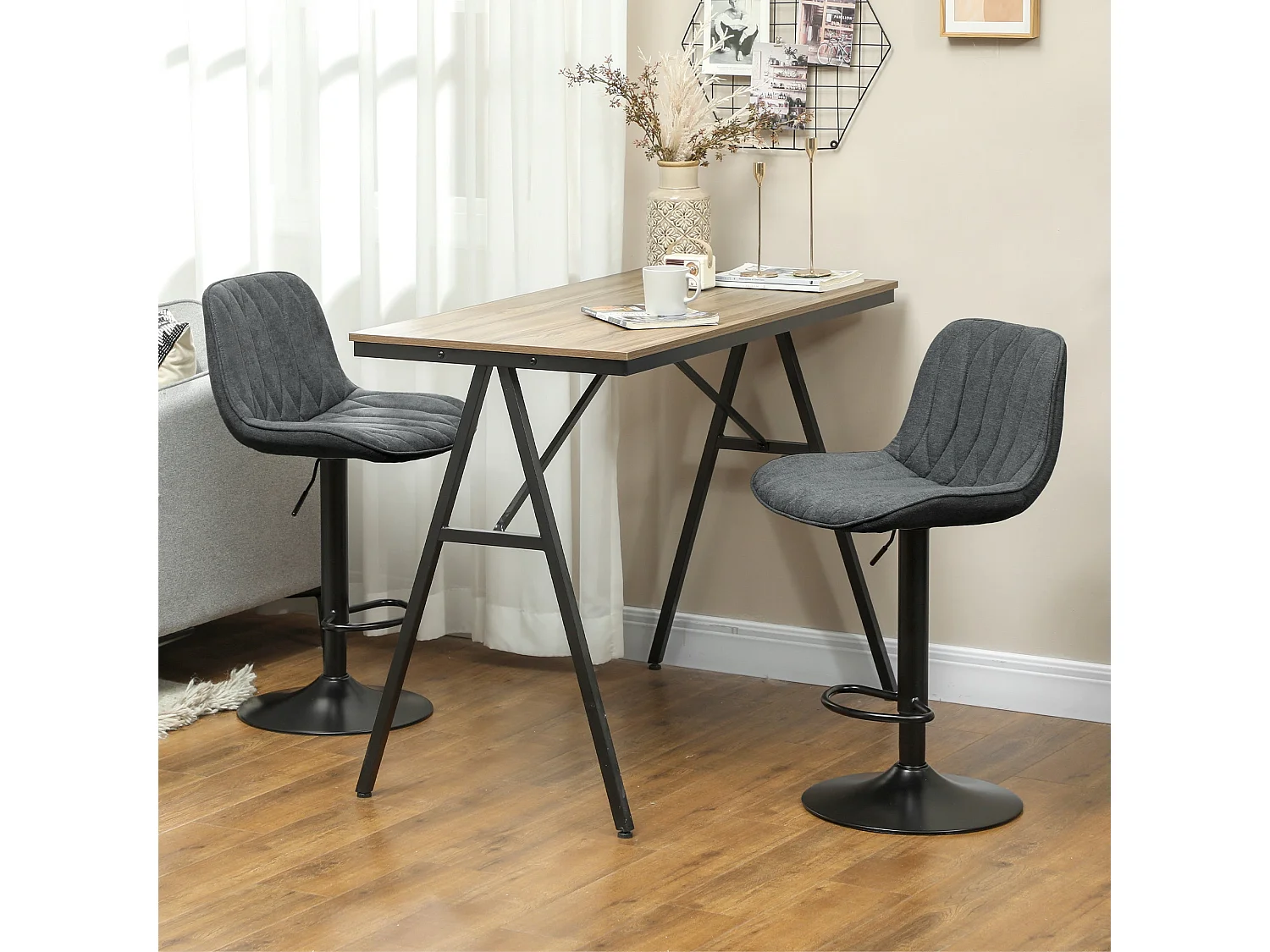 Likaha Linen Look Charcoal Grey Bar Stools Set of 2 Adjustable Swivel Padded High Back