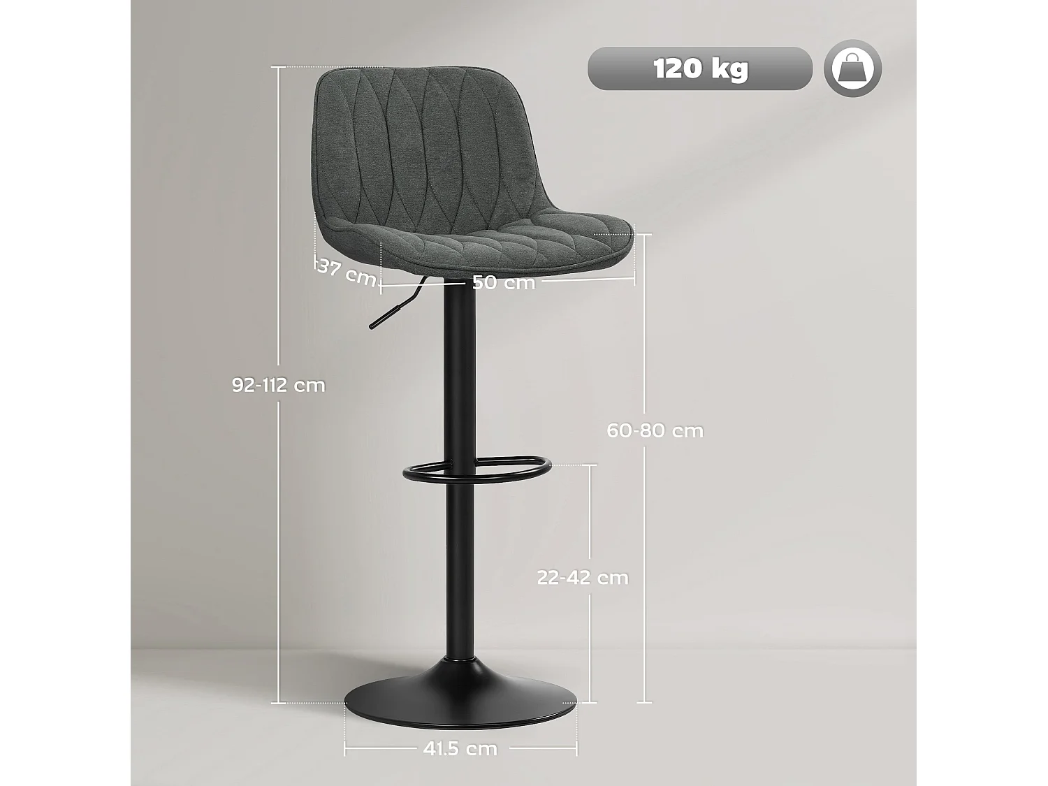 Likaha Linen Look Charcoal Grey Bar Stools Set of 2 Adjustable Swivel Padded High Back