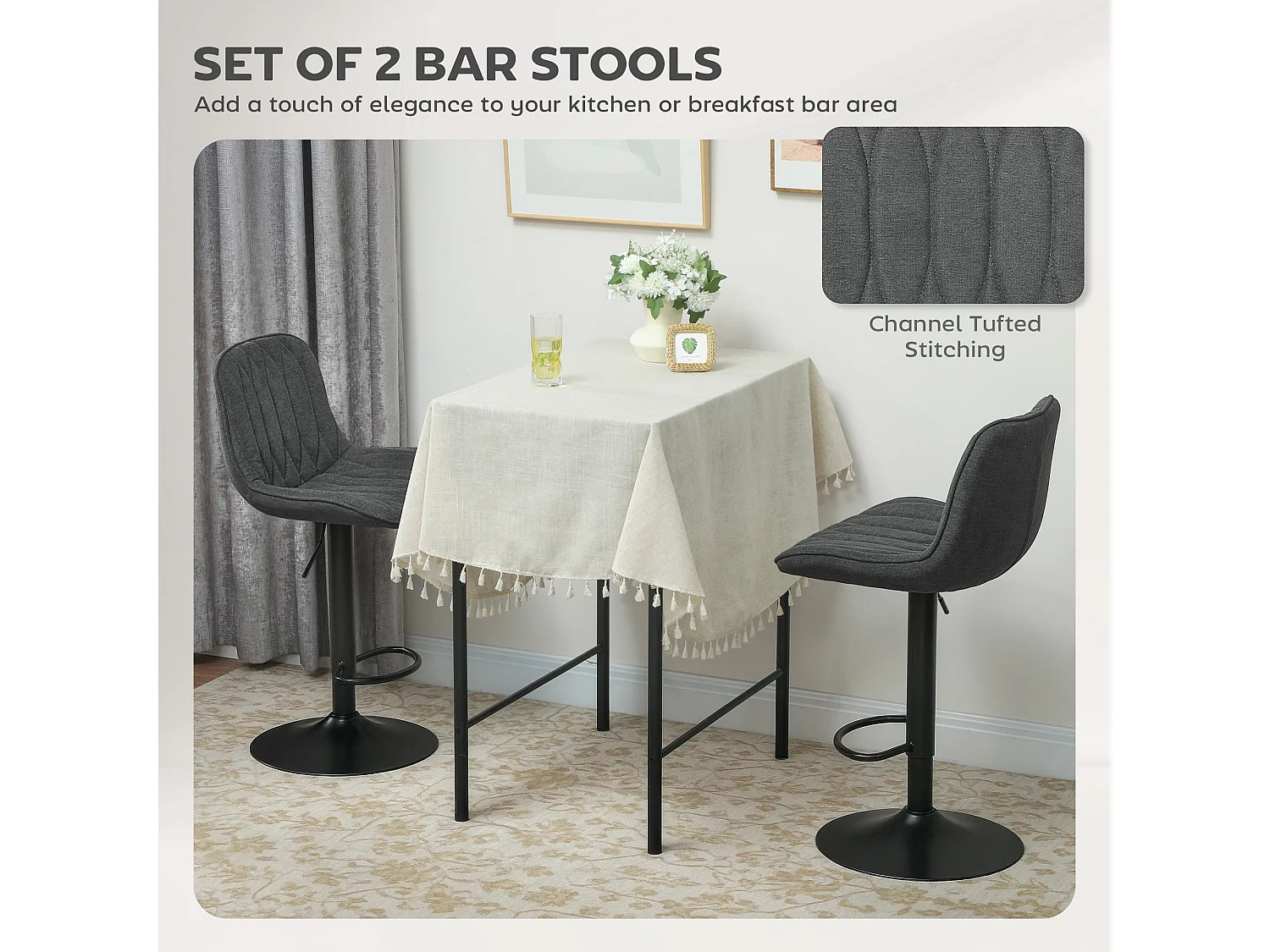Likaha Linen Look Charcoal Grey Bar Stools Set of 2 Adjustable Swivel Padded High Back
