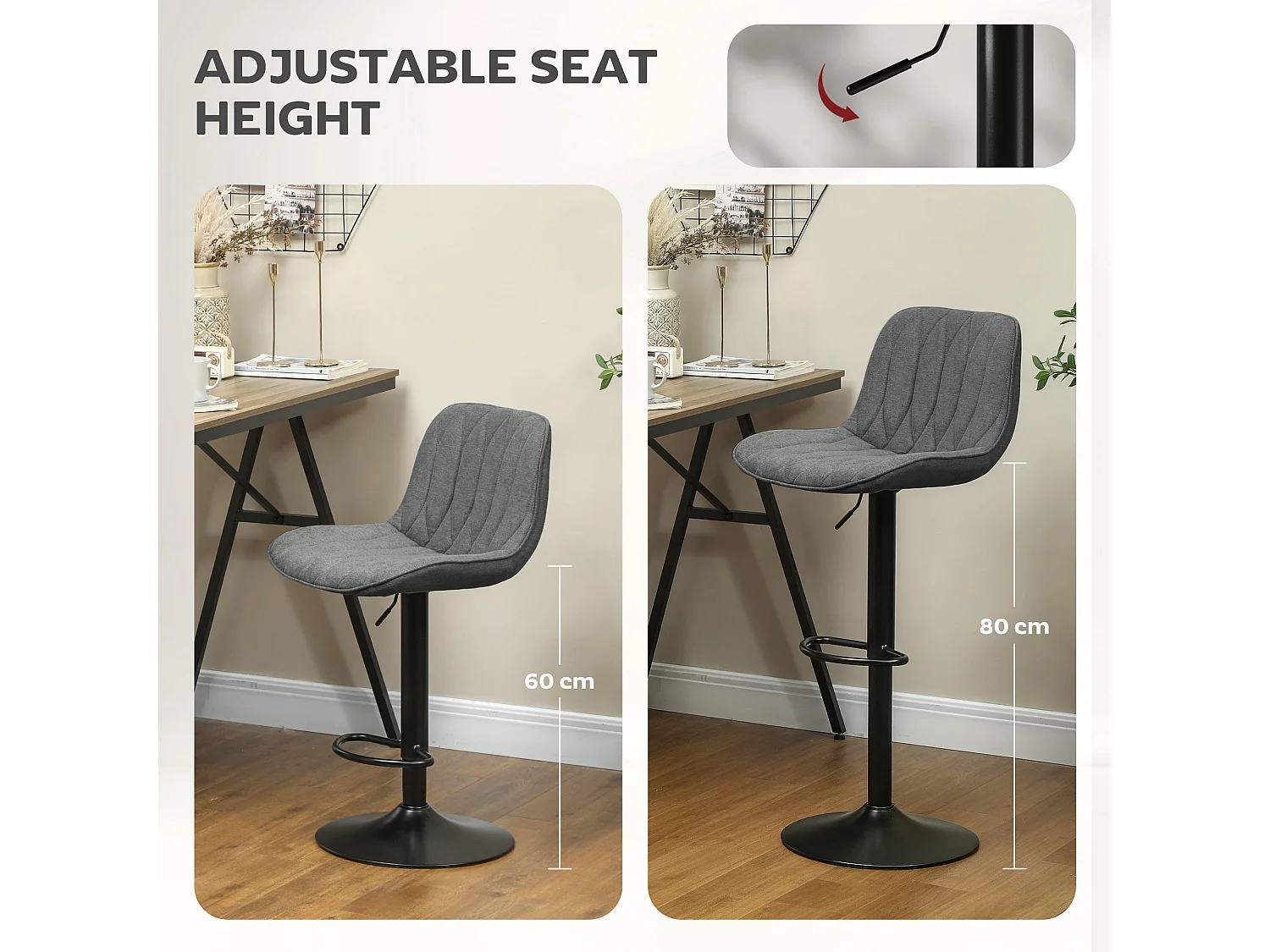 Likaha Linen Look Charcoal Grey Bar Stools Set of 2 Adjustable Swivel Padded High Back