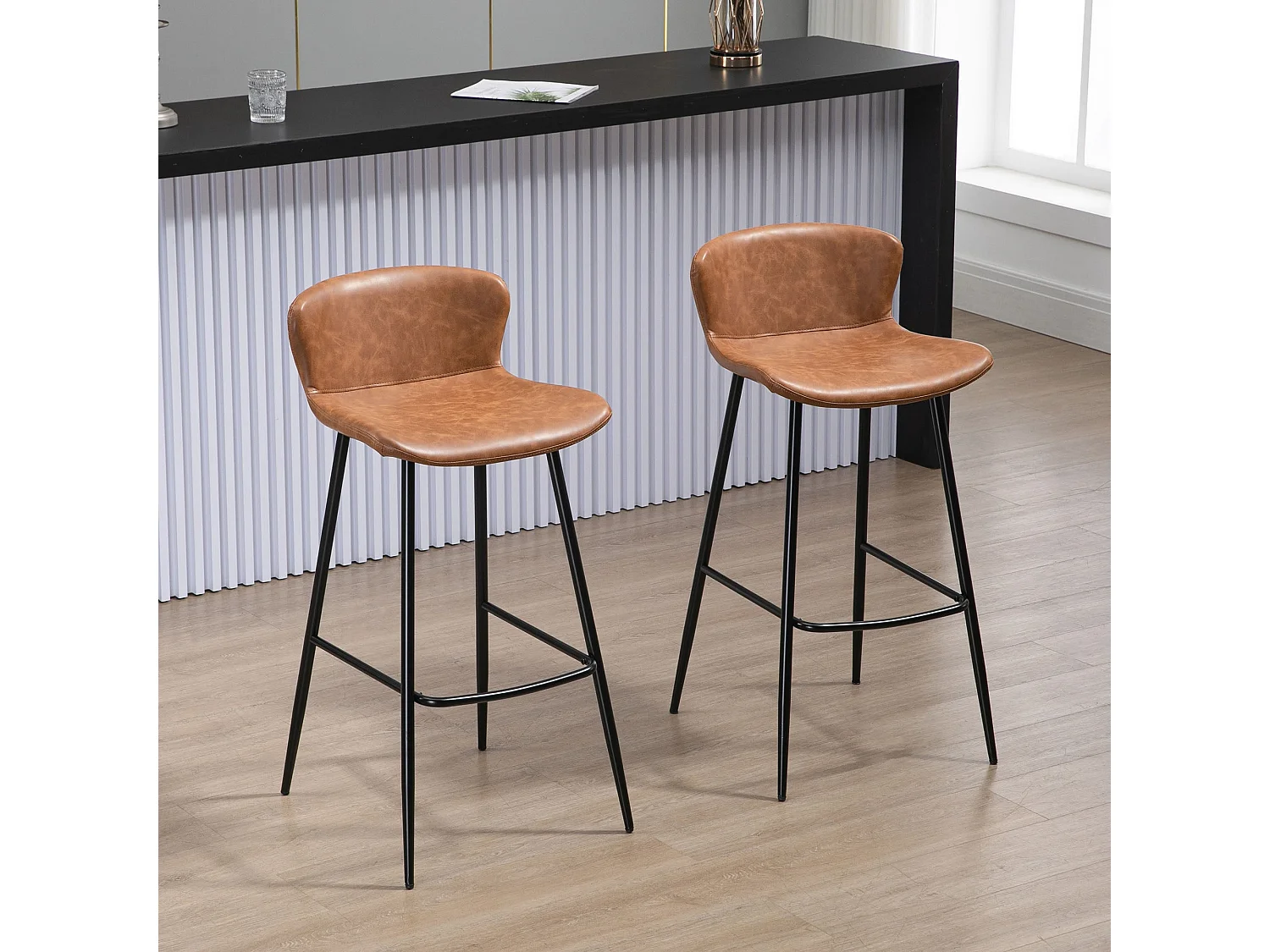 Lorelu Set of 2 Brown Faux Leather Bar Stools with Steel Legs and Footrest