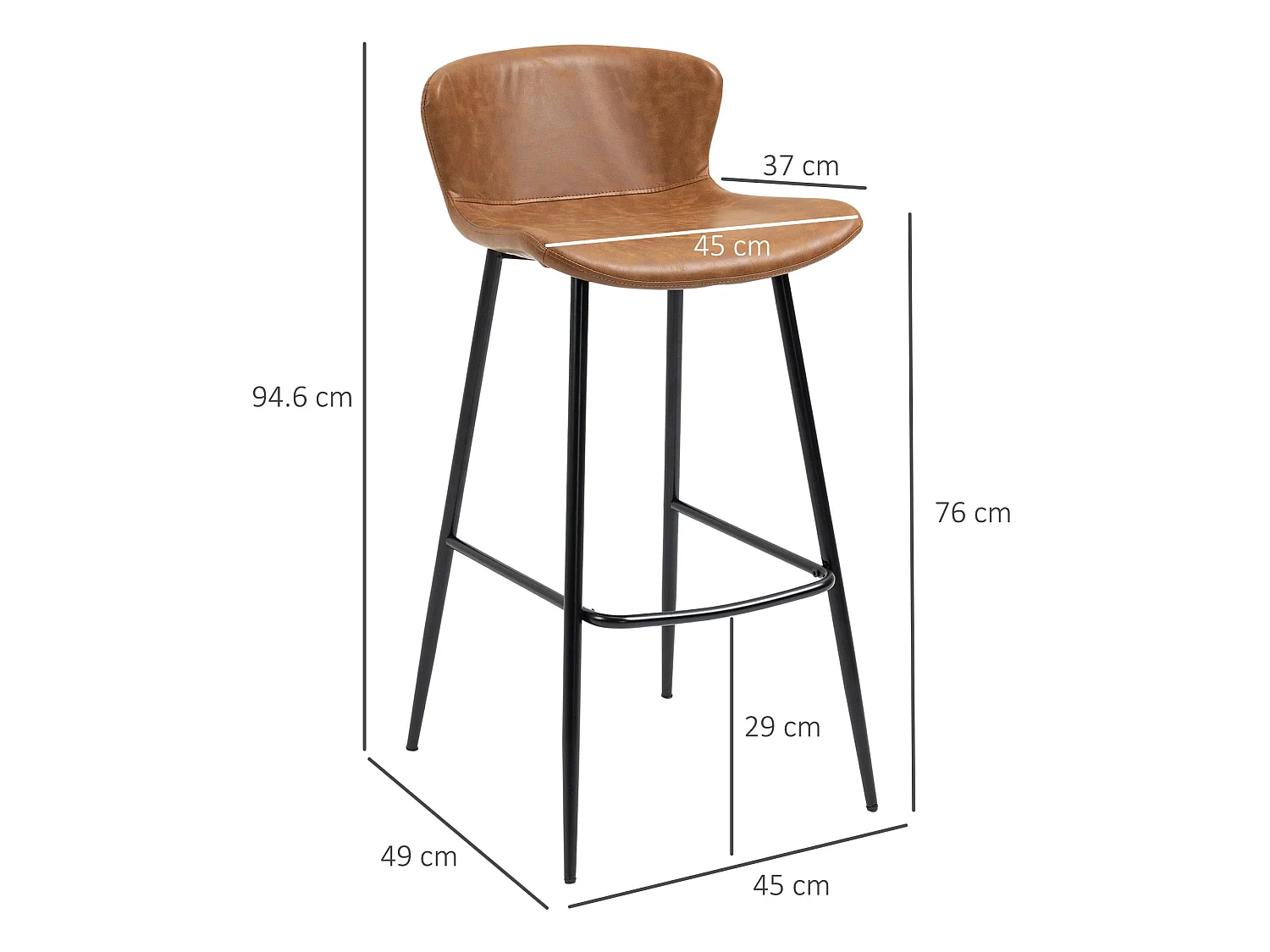 Lorelu Set of 2 Brown Faux Leather Bar Stools with Steel Legs and Footrest