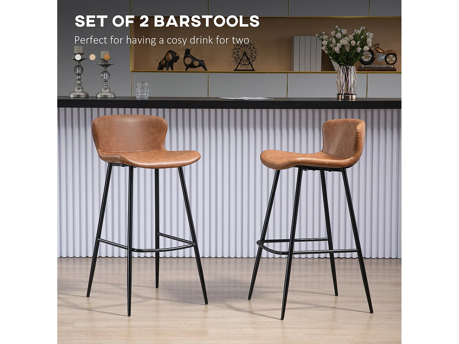 Lorelu Set of 2 Brown Faux Leather Bar Stools with Steel Legs and Footrest