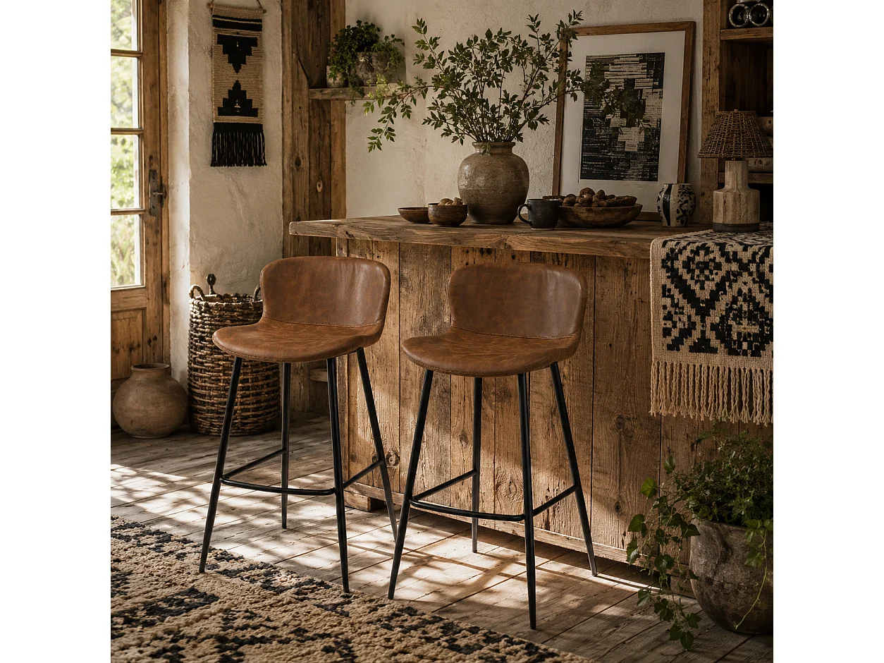 Lorelu Set of 2 Brown Faux Leather Bar Stools with Steel Legs and Footrest
