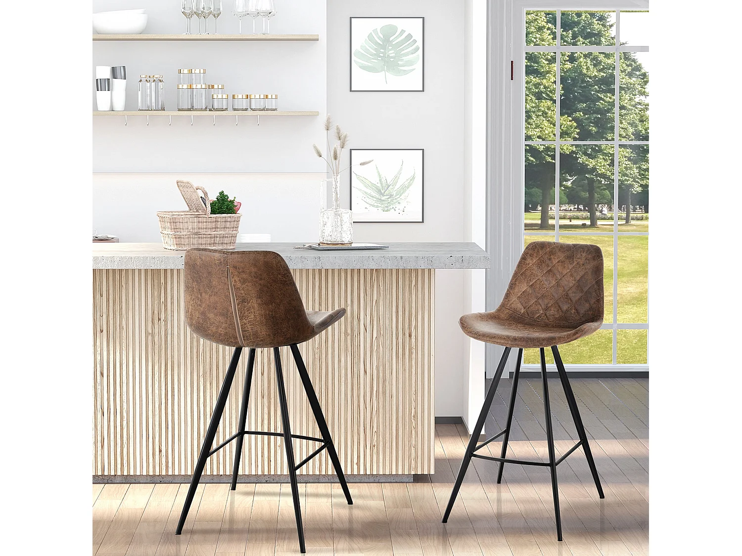 Suvedi Microfibre Quilted Brown Tub Bar Stools Set of 2 Steel Frame Footrest