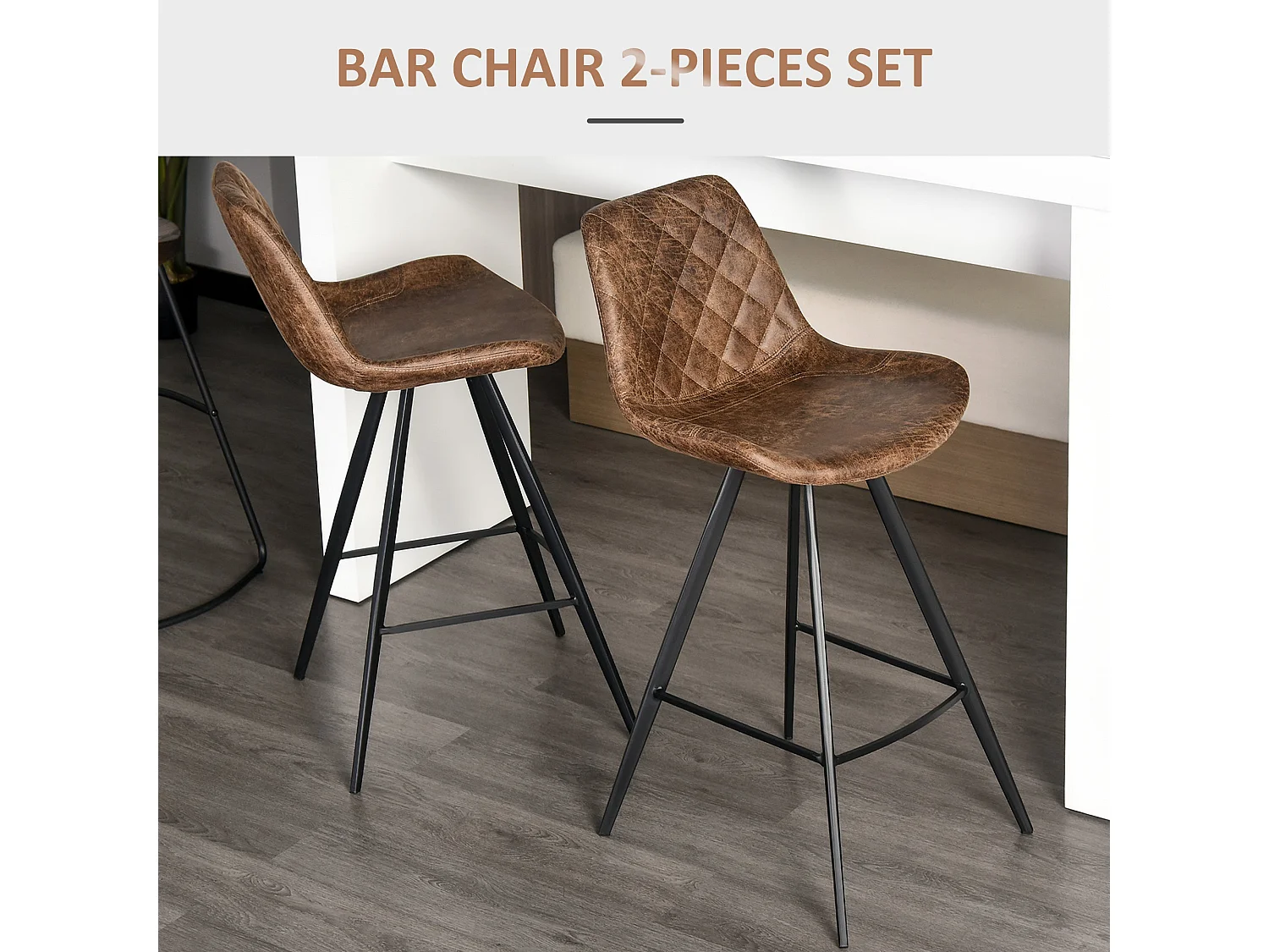 Suvedi Microfibre Quilted Brown Tub Bar Stools Set of 2 Steel Frame Footrest