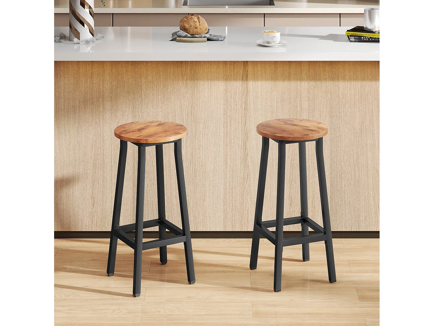 Rema Set of 2 Rustic Brown Industrial Round Bar Stools 65cm