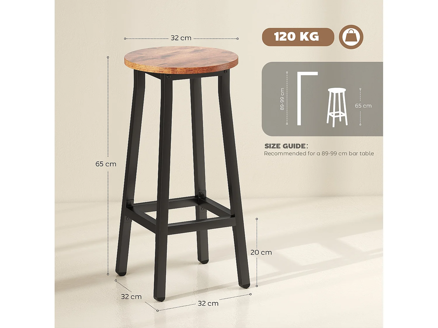 Rema Set of 2 Rustic Brown Industrial Round Bar Stools 65cm